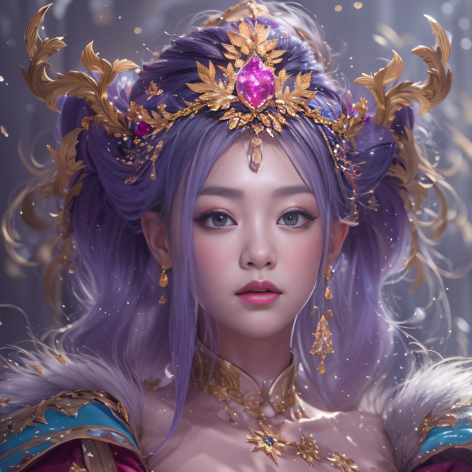 32K(tmasterpiece,k hd,hyper HD,32K)short detailed hair,Gold jewelry area in the back room,Flame Girl ,Yao Lang protector (realisticlying:1.4),Python pattern robe,Purple-pink tiara,Snowflakes fluttering,The background is pure,Hold your head high,Be proud,The nostrils look at people, A high resolution, the detail, RAW photogr, Sharp Re, Nikon D850 Film Stock Photo by Jefferies Lee 4 Kodak Portra 400 Camera F1.6 shots, Rich colors, ultra-realistic vivid textures, Dramatic lighting, Unreal Engine Art Station Trend, cinestir 800,Hold your head high,Be proud,The nostrils look at people