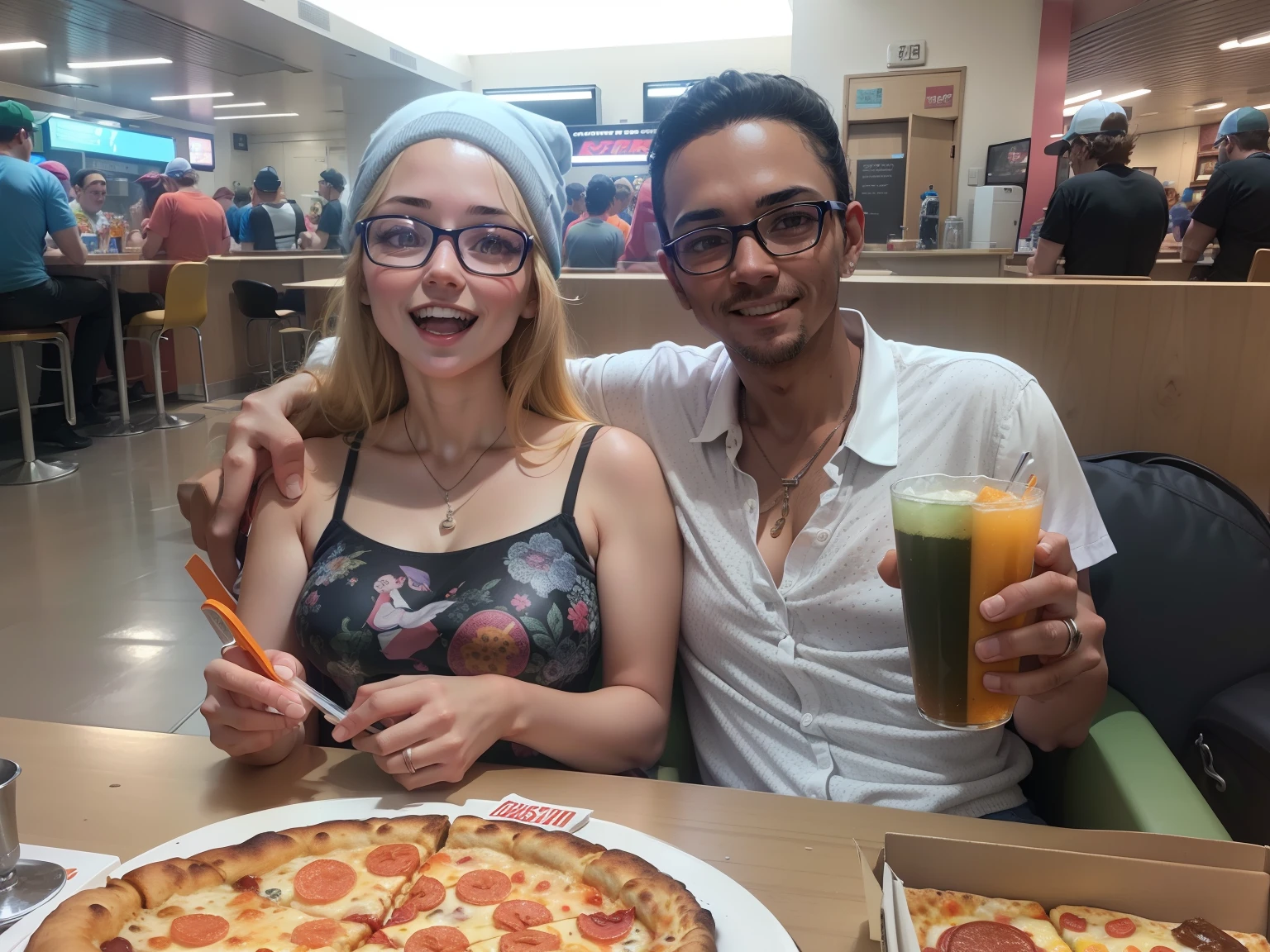 "Arcade games donate 80s themed pizzas, detalhada, cores vibrantes, Retro style, Ambiente divertido, garota sorridente comendo pizza, roupas na cor laranja e preto, Girl wearing cap, Pizzas deliciosas, sem estampa na camiseta, no printing on the lid, ." master part, extremely high quality , highest resolution, 8k, Son holding glass of mate with his bespectacled mother.