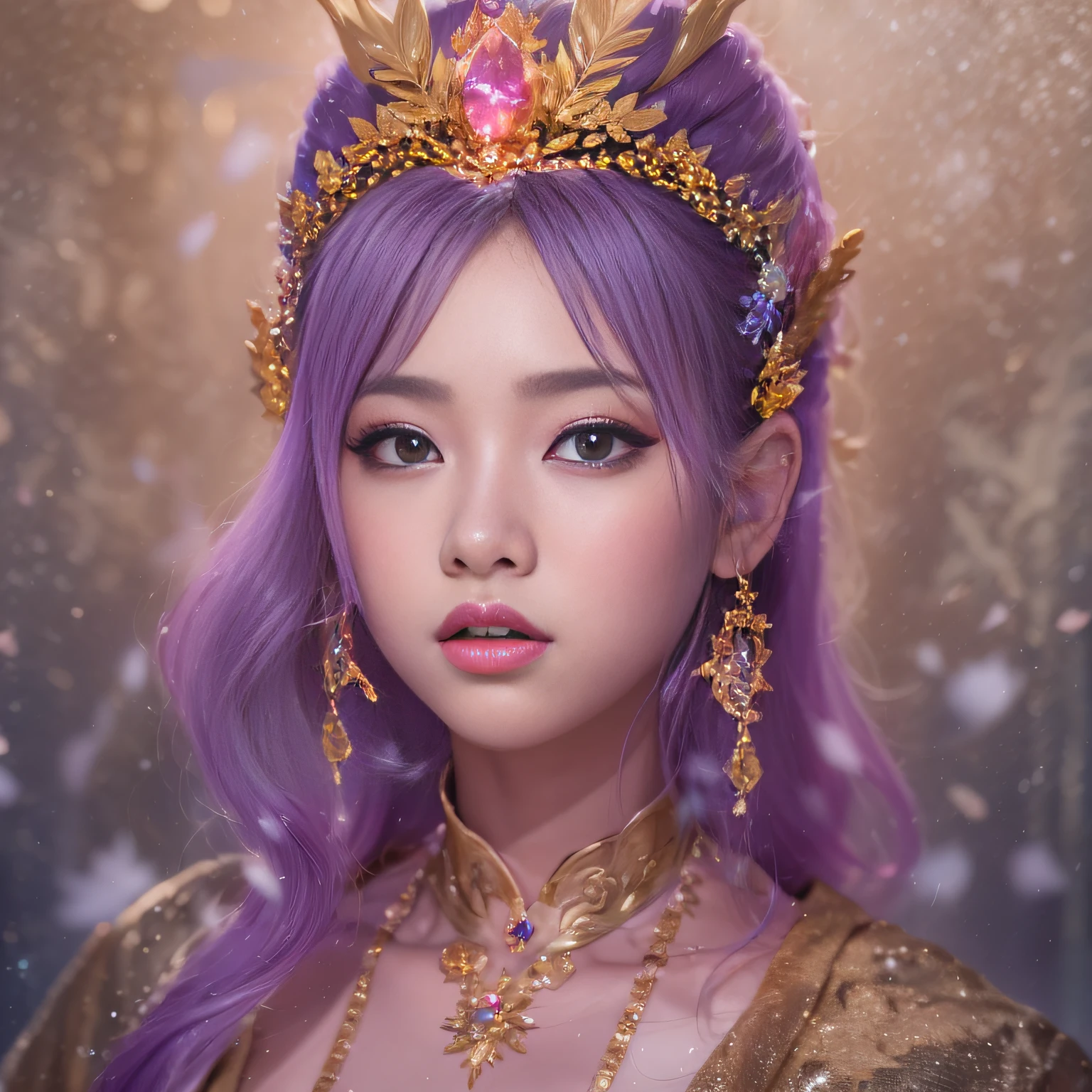32K(tmasterpiece,k hd,hyper HD,32K)short detailed hair,Gold jewelry area in the back room,Flame Girl ,Yao Lang protector (realisticlying:1.4),Python pattern robe,Purple-pink tiara,Snowflakes fluttering,The background is pure,Hold your head high,Be proud,The nostrils look at people, A high resolution, the detail, RAW photogr, Sharp Re, Nikon D850 Film Stock Photo by Jefferies Lee 4 Kodak Portra 400 Camera F1.6 shots, Rich colors, ultra-realistic vivid textures, Dramatic lighting, Unreal Engine Art Station Trend, cinestir 800,Hold your head high,Be proud,The nostrils look at people