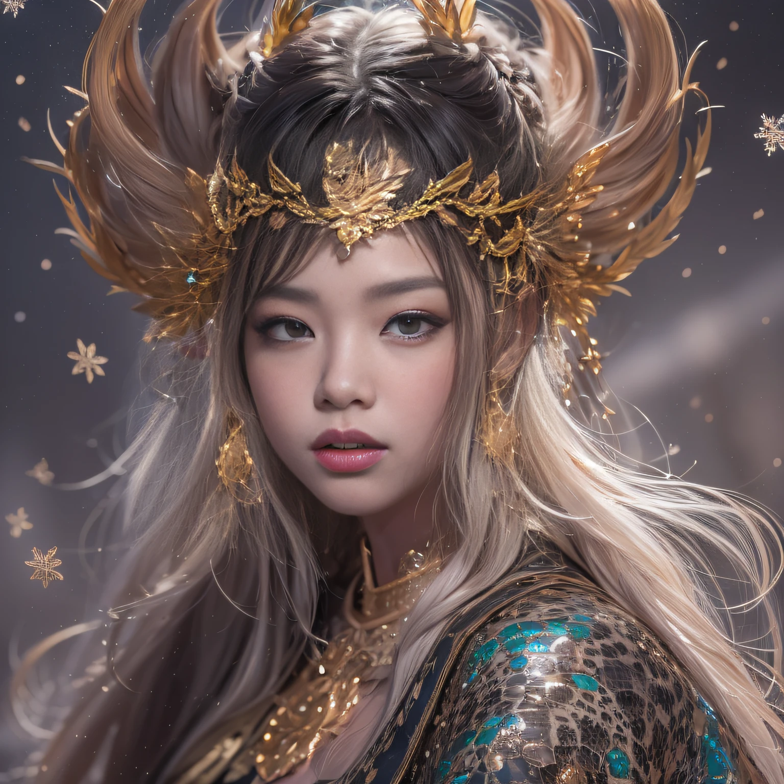 32K(tmasterpiece,k hd,hyper HD,32K)short detailed hair,Gold jewelry area in the back room,Flame Girl ,Yao Lang protector (realisticlying:1.4),Python pattern robe,Purple-pink tiara,Snowflakes fluttering,The background is pure,Hold your head high,Be proud,The nostrils look at people, A high resolution, the detail, RAW photogr, Sharp Re, Nikon D850 Film Stock Photo by Jefferies Lee 4 Kodak Portra 400 Camera F1.6 shots, Rich colors, ultra-realistic vivid textures, Dramatic lighting, Unreal Engine Art Station Trend, cinestir 800,Hold your head high,Be proud,The nostrils look at people