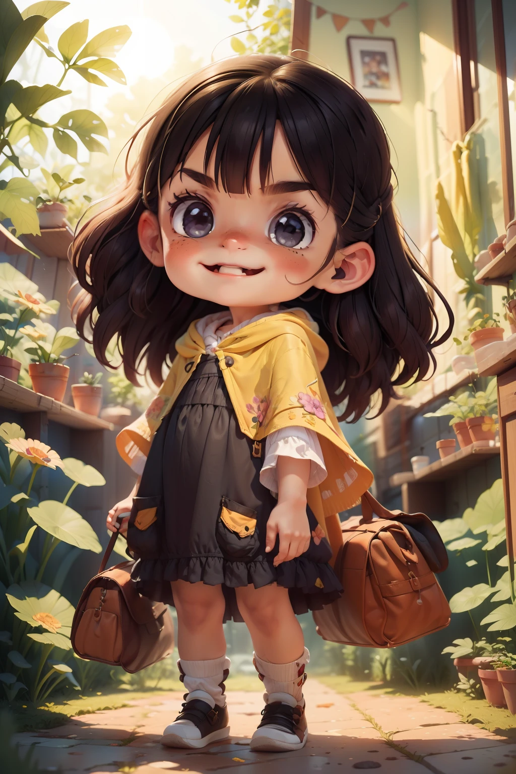 A charming  girl，Brunette and her cute puppy，Enjoy a lovely spring outing surrounded by beautiful yellow flowers and nature。Country lanes，Fenced hut，The illustration is a high-definition illustration in 4K resolution，With very detailed facial features and cartoon-style visuals。