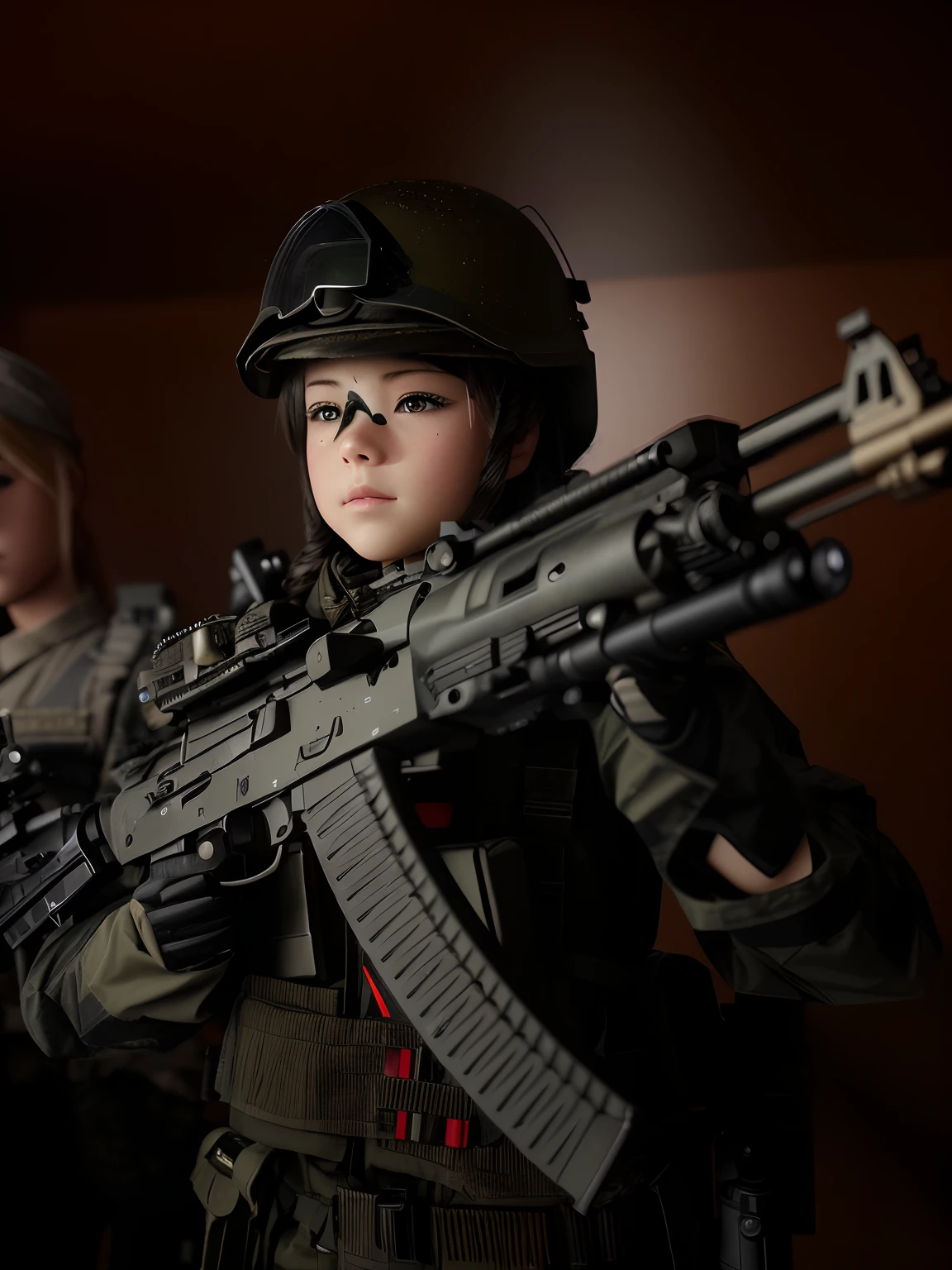There is a toy soldier with a gun and a doll, mechanized soldier girl, portrait of soldier girl, cinematic shot ar 9:16 -n 6 -g, m4 sopmod ii girls frontline, infantry girls, portrait of cute soldier girl, close up portrait shot, realistic soldiers, Shot on Canon EOS R 6, of a sniper girl in war