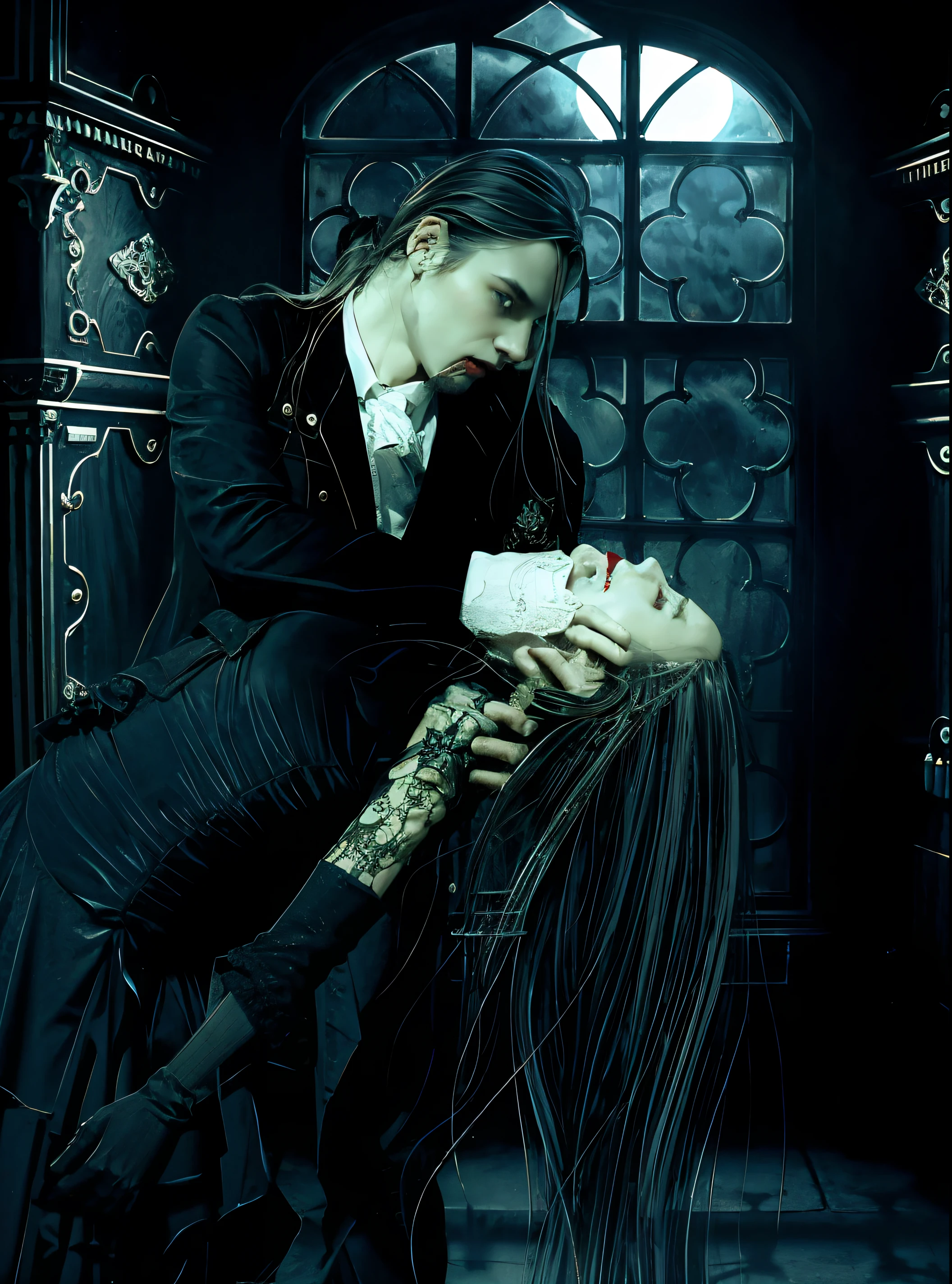 tmasterpiece,high qulity,male vampire,pale white face,red eyes,Fang,There is blood on the mouth,Wearing black vintage Western-style clothing,Black cloak,Holding a beautiful woman,The background is a European retro interior,Vintage windows,There was moonlight outside the window,detail-rich,Realiy,horror atmosphere,Spooky atmosphere,8K