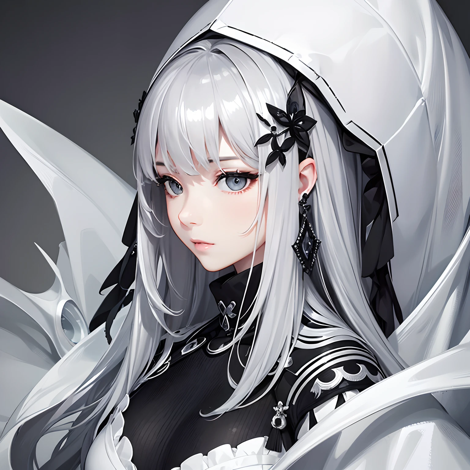 masterpiece、top-quality、hight resolution、High-quality images、8K、1womanl、detaileds、Detailed eye depiction、skin gloss、Lustrous silver hair、Monochrome grayscale、Nomiya、portlate、hunter