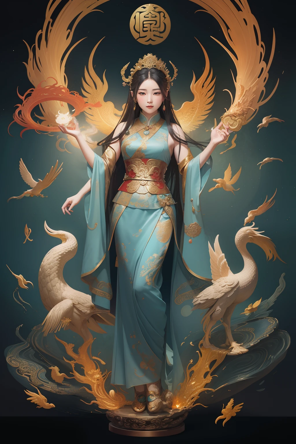 an ancient Chinese goddess, guanyin of the southern seas, Guanyin, Inspired by China, Avalokiteshvara rides a phoenix,,Serene expression,shui mo hua,Buddha,Buddhist,Lotus,Chinese painting style,Thangka style