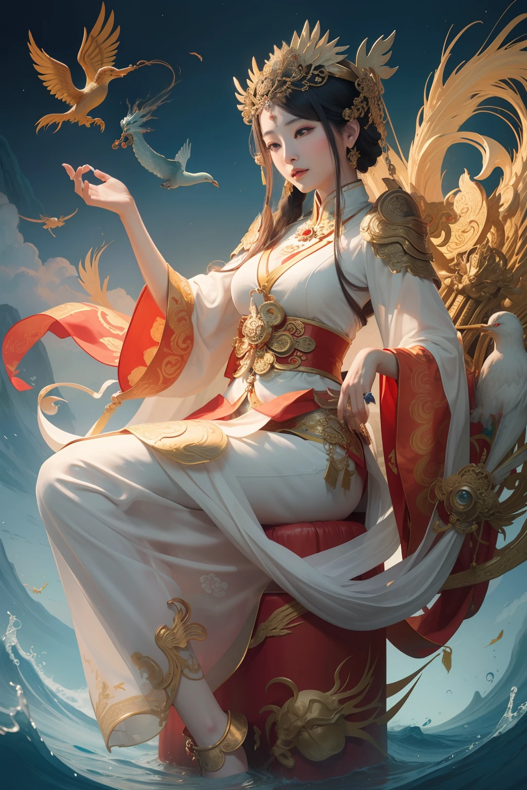 an ancient Chinese goddess, guanyin of the southern seas, Guanyin, Inspired by China, Avalokiteshvara rides a phoenix，,Serene expression,shui mo hua,Buddha,Buddhist,Lotus,Chinese painting style,Thangka style
