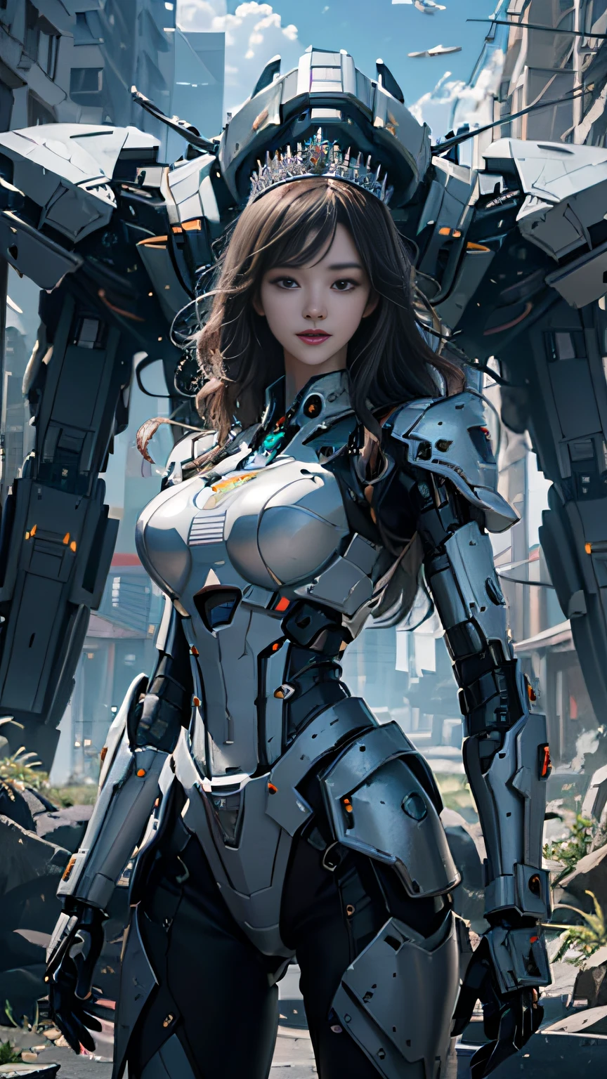 ((Best Quality)), ((Masterpiece)), (Very Detailed: 1.3), 3D, Shitu-mecha, Beautiful cyberpunk woman wearing crown with her mecha in ruins of a city in forgotten war, long silver hair, sci-fi technology, HDR (High Dynamic Range), ray tracing, nvidia RTX, super resolution, unreal 5, subsurface scattering, PBR texture, post-processing, anisotropic filtering, depth of field, maximum sharpness and sharpness, multi-layered texture, Albedo and specular mapping, surface shading, accurate simulation of light-material interactions, perfect ratios, octane rendering, duotone lighting, low ISO, white balance, rule of thirds, wide aperture, 8K RAW, high efficiency sub-pixels, subpixel convolution, luminous particles, light scattering, Tyndall effect