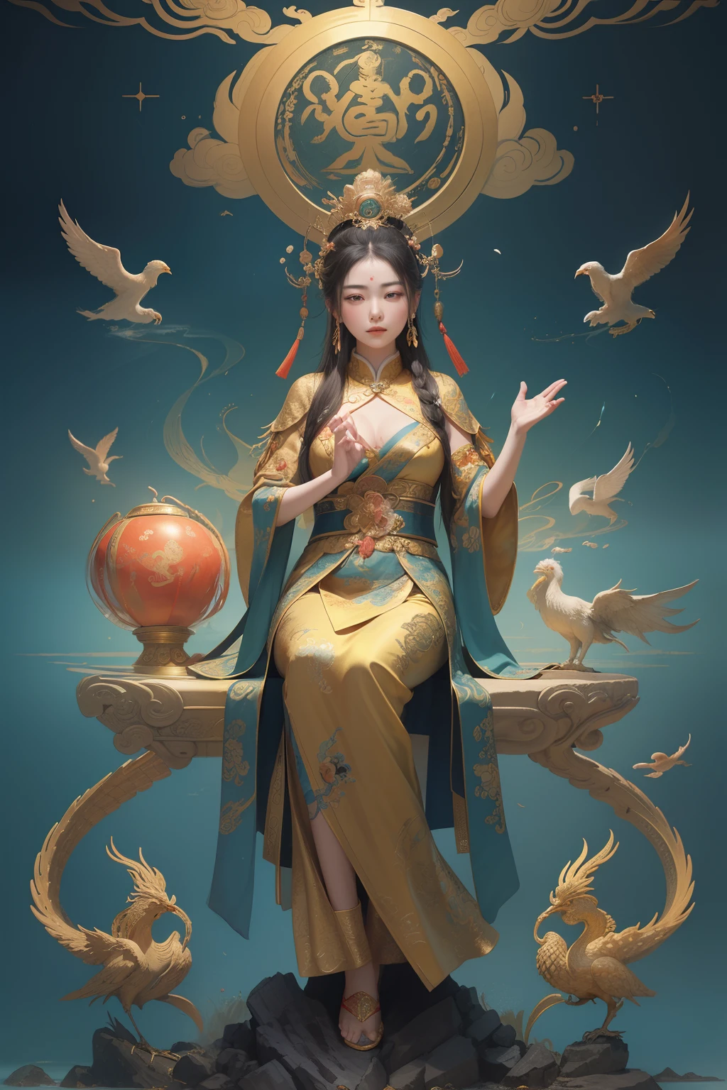 an ancient Chinese goddess, guanyin of the southern seas, Guanyin, Inspired by China, Avalokiteshvara rides a phoenix，,Serene expression,shui mo hua,Buddha,Buddhist,Lotus,Chinese painting style,Thangka style