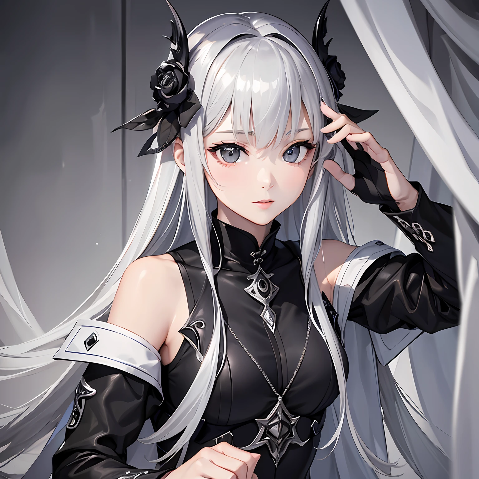 masterpiece、top-quality、hight resolution、High-quality images、8K、1womanl、detaileds、Detailed eye depiction、skin gloss、Lustrous silver hair、Monochrome grayscale、Nomiya、portlate、hunter