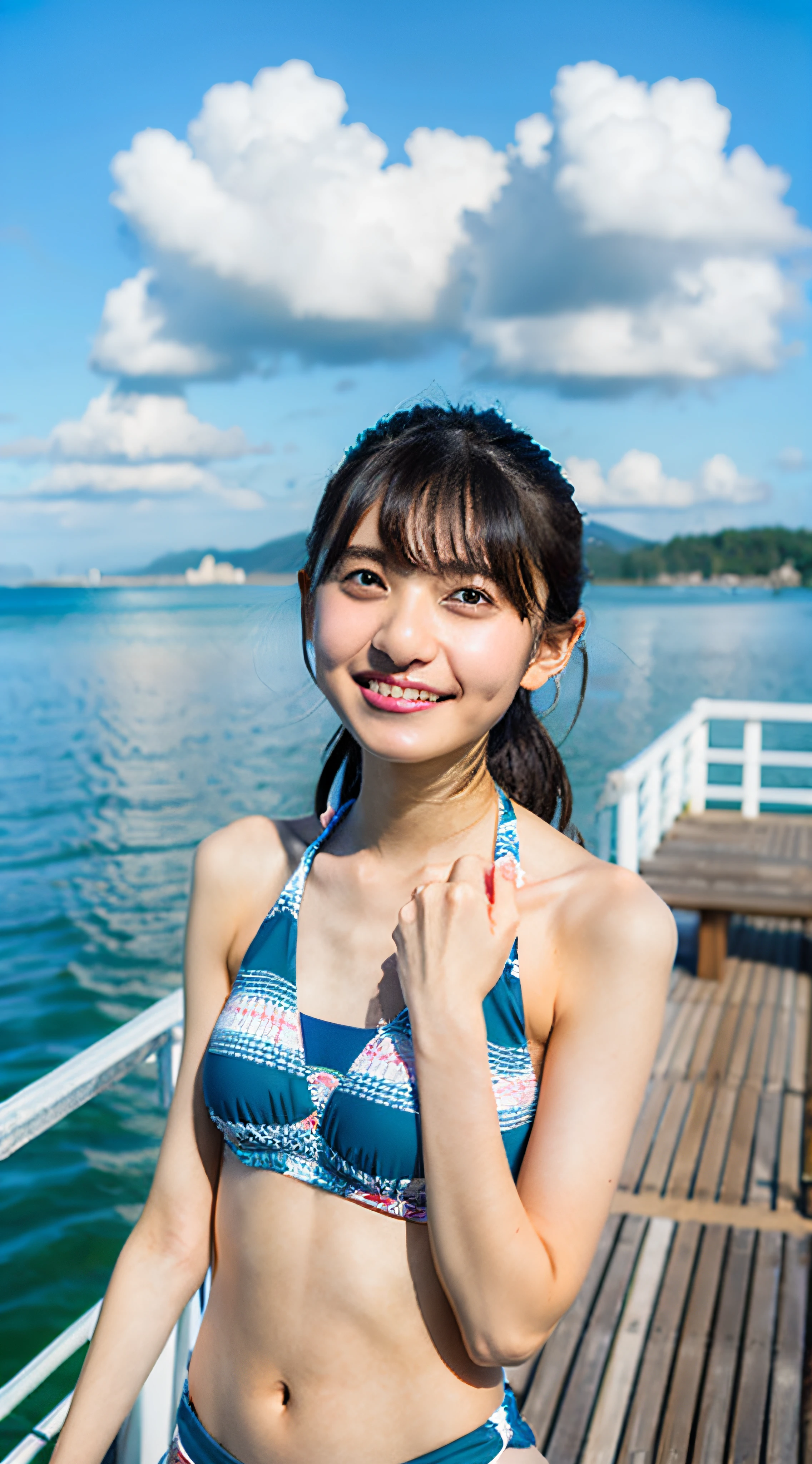 There is a woman standing on the pier in a bikini, Young skinny gravure idol, Aya Takano, Erika Ikuta, Young Pretty Gravure Idol, Ayaka, near a jetty, Young Gravure Idol, Chiho Aoshima, Ayami Kojima Amano, deayami kojima, Ai Yazawa, Yasumoto Oka, in bikini