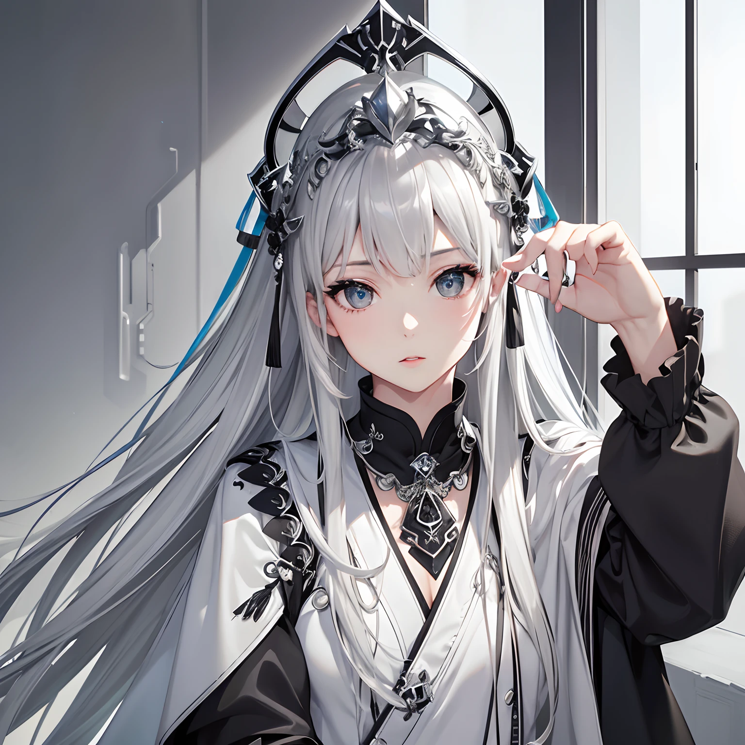masterpiece、top-quality、hight resolution、High-quality images、8K、1womanl、detaileds、Detailed eye depiction、skin gloss、Lustrous silver hair、Monochrome grayscale、Nomiya、portlate、hunter