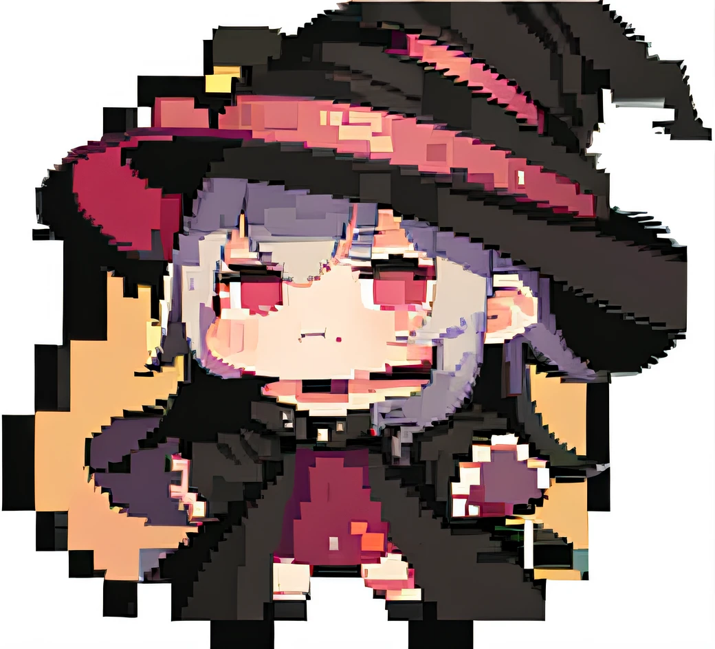 "Pixel art of girl in hat and black top,The beauty of the witch,Female protagonist👀:8,castlevania witch,Aromatic,A witch,made in rpg maker,Female protagonist,visual novel sprite,female mage!witch,bright witch,black-haired mage,sorceress woman,mechanized witch girl,dark witch character。"
