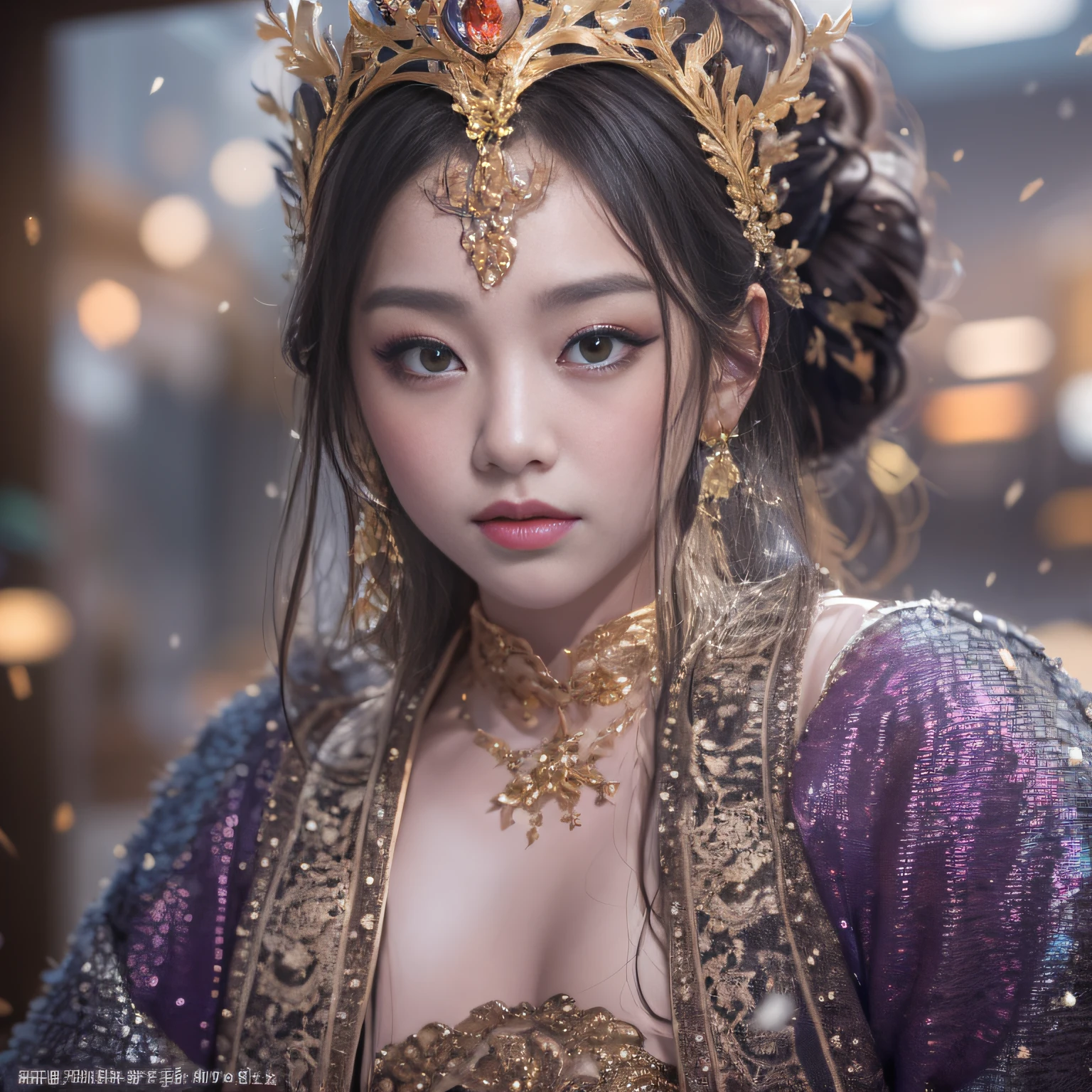 32K（tmasterpiece，k hd，hyper HD，32K）short detailed hair，Gold jewelry area in the back room，Flame Girl ，Yao Lang protector （realisticlying：1.4），Python pattern robe，Purple-pink tiara，Snowflakes fluttering，The background is pure，Hold your head high，Be proud，The nostrils look at people， A high resolution， the detail， RAW photogr， Sharp Re， Nikon D850 Film Stock Photo by Jefferies Lee 4 Kodak Portra 400 Camera F1.6 shots, Rich colors, ultra-realistic vivid textures, Dramatic lighting, Unreal Engine Art Station Trend, cinestir 800，Hold your head high，Be proud，The nostrils look at people