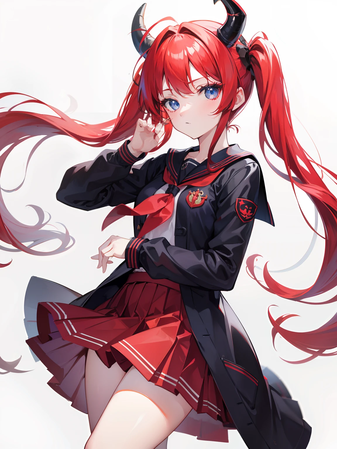 red hair, blue eyes, twintails, Sailor suit,black coat, Dragon horns,Pleated skirt,solo,li,cute,bow