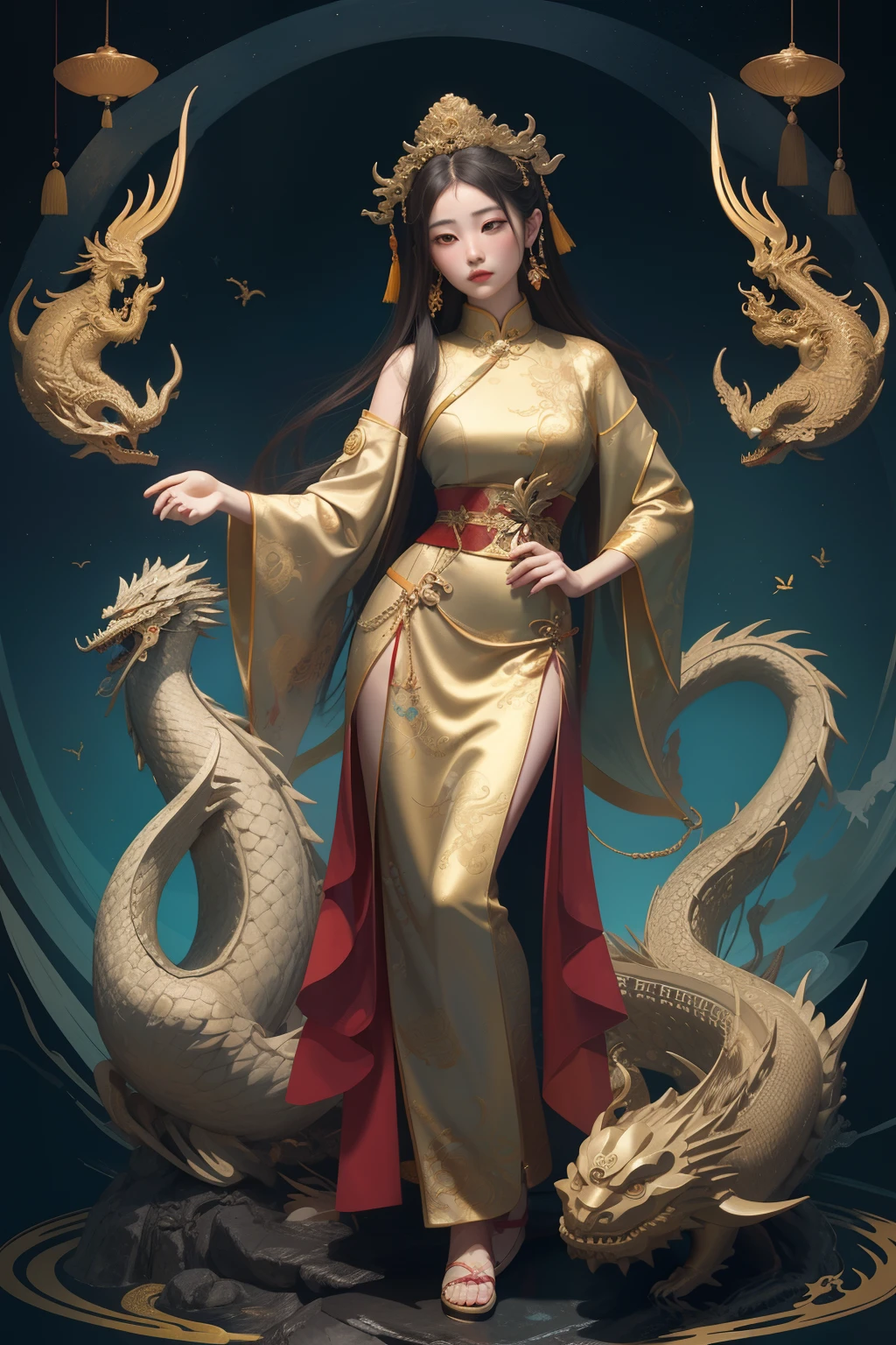 an ancient Chinese goddess, guanyin of the southern seas, Guanyin, Inspired by China, Avalokiteshvara rides a dragon,,Serene expression,shui mo hua,Buddha,Buddhist,Lotus,Chinese painting style,Thangka style