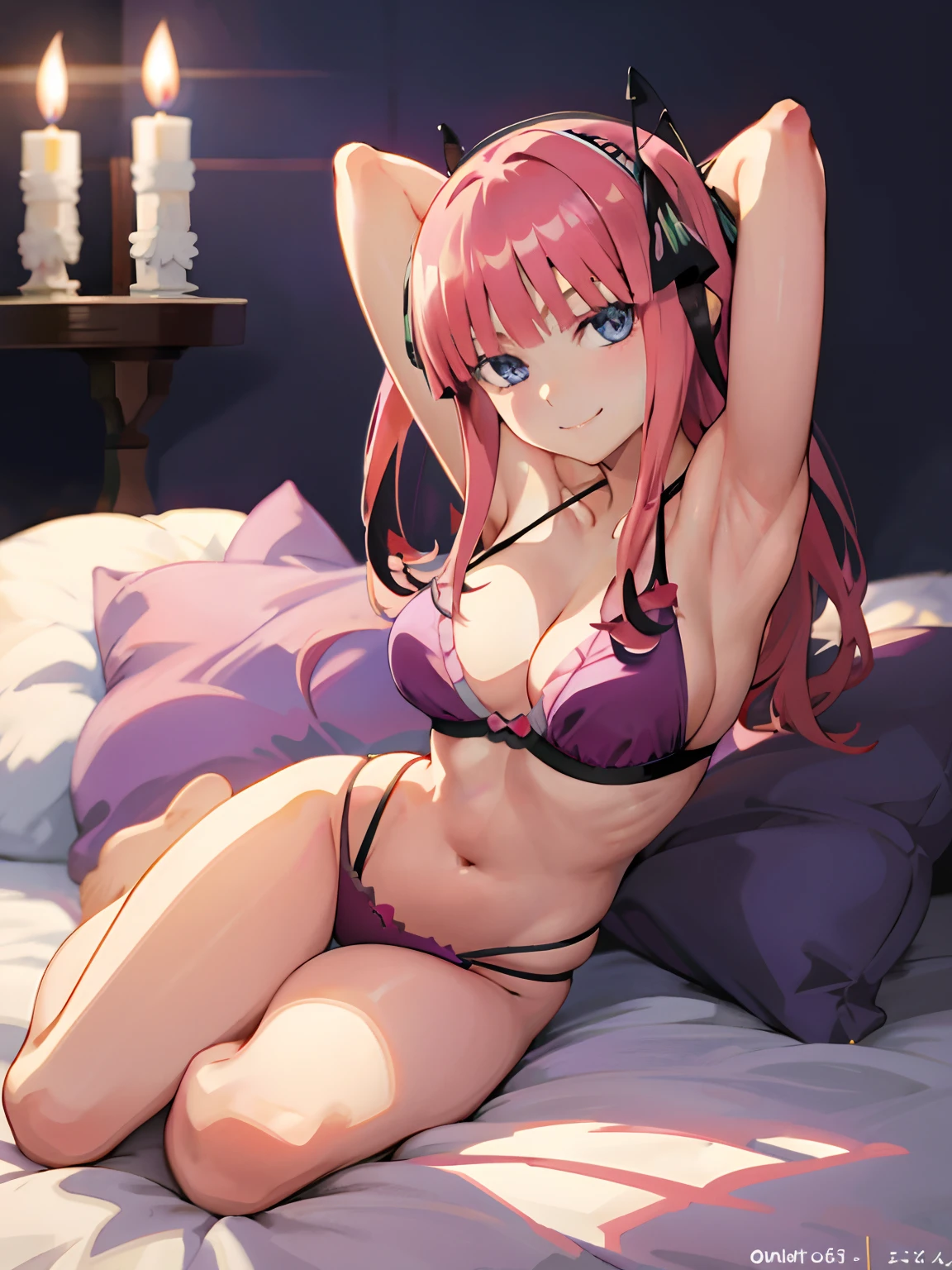 Anime girl in purple bikini sitting on the bed with candle, seductive anime girl, fanart, anime goddess, anime moe artstyle, (anime girl), beautiful seductive anime girl, beautiful seductive anime woman, bright purple, curvaceous, hot goddess, beautiful anime girl, (sensual smile), full body, bed with romantic candles, Nino nakano, ((sexy)),  (full body), headband, hairy hair, blue eyes, prenting armpit, arm up, sport bra