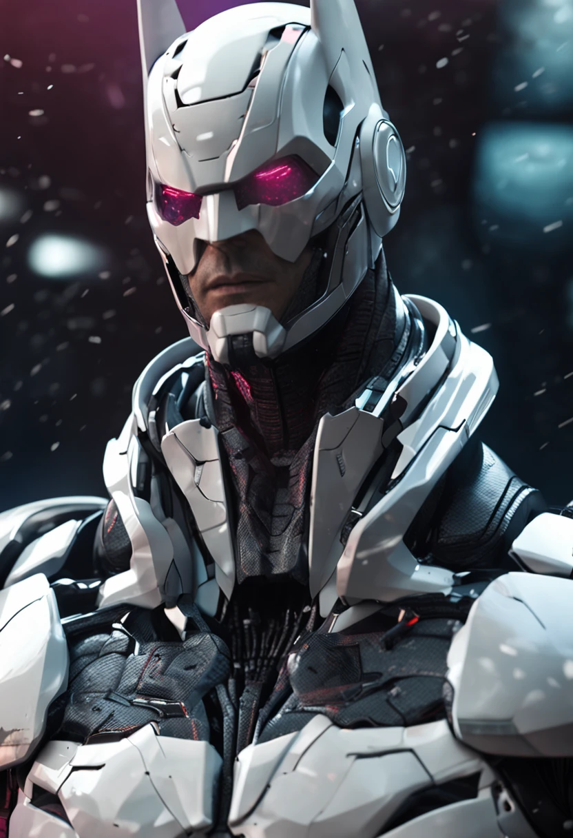 A realistic white batman in an advanced cyber suit
