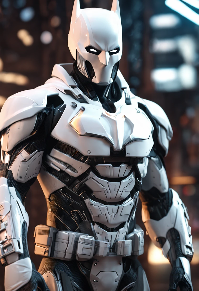 A realistic white batman in an advanced cyber suit