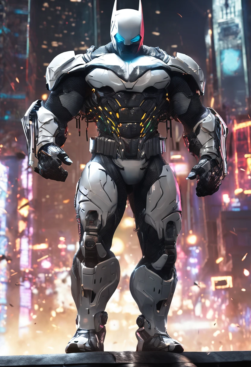 A realistic white batman in an advanced cyber suit