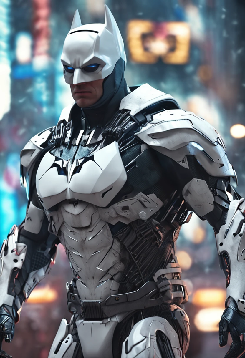 A realistic white batman in an advanced cyber suit