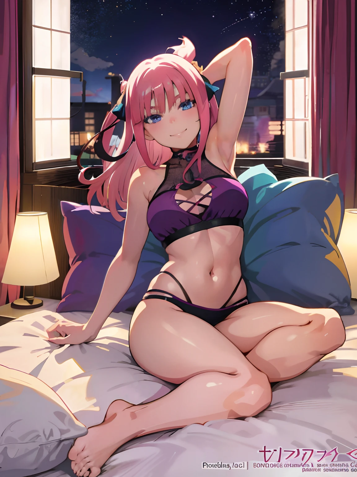 Anime girl in purple bikini sitting on the bed with candle, seductive anime girl, fanart, anime goddess, anime moe artstyle, (anime girl), beautiful seductive anime girl, beautiful seductive anime woman, bright purple, curvaceous, hot goddess, beautiful anime girl, (sensual smile), full body, bed with romantic candles, Nino nakano, ((sexy)),  (full body), headband, hairy hair, blue eyes, prenting armpit, arm up, sport bra