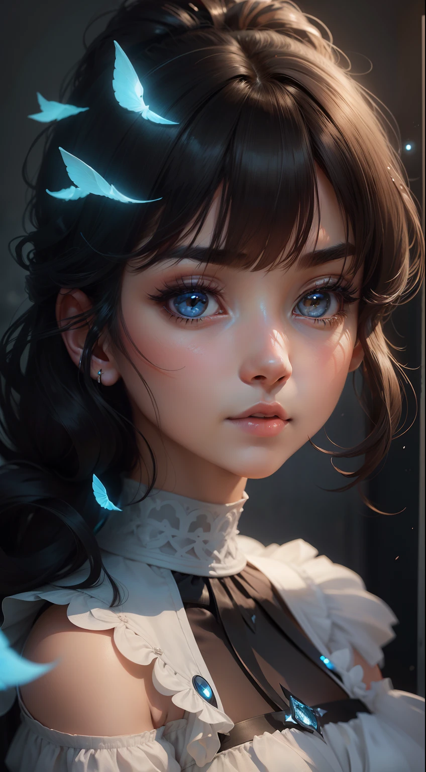 cute woman with a ponytail wishing for happiness folds origami, full shot, full body, full head, full body, (masterpiece), realistic, (head to toe of a girl), beautiful face, sunlight, cinematic light, bangs, a beautiful woman, beautiful eyes, black hair, perfect anatomy, very cute, princess eyes , (black eyes) , stylized, bioluminescence, 8k , low cut white dress with small blue details, human hands, wonder full, elegant, approaching perfection, dynamic, highly detailed, character sheet, concept art, smooth, facing directly at the viewer positioned so that their body is symmetrical and balanced, stunningly beautiful age girl, detailed hairstyle,