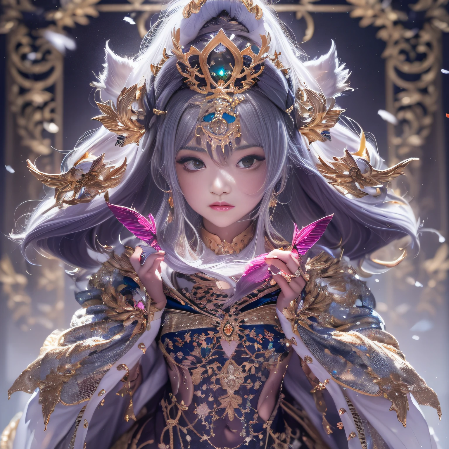 32K(tmasterpiece,k hd,hyper HD,32K)short detailed hair,Gold jewelry area in the back room,Flame Girl ,Yao Lang protector (realisticlying:1.4),Python pattern robe,Purple-pink tiara,Snowflakes fluttering,The background is pure,Hold your head high,Be proud,The nostrils look at people, A high resolution, the detail, RAW photogr, Sharp Re, Nikon D850 Film Stock Photo by Jefferies Lee 4 Kodak Portra 400 Camera F1.6 shots, Rich colors, ultra-realistic vivid textures, Dramatic lighting, Unreal Engine Art Station Trend, cinestir 800,Hold your head high,Be proud,The nostrils look at people
