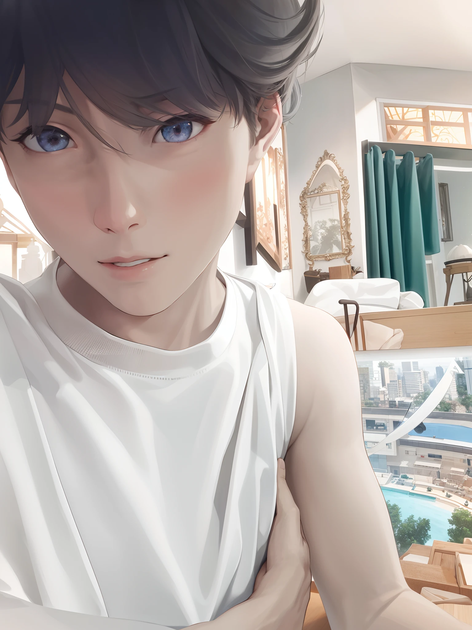 1boys，tmasterpiece，8k，Half realistic，4k，RTX，Shaders，Excellent texture work，Selfies