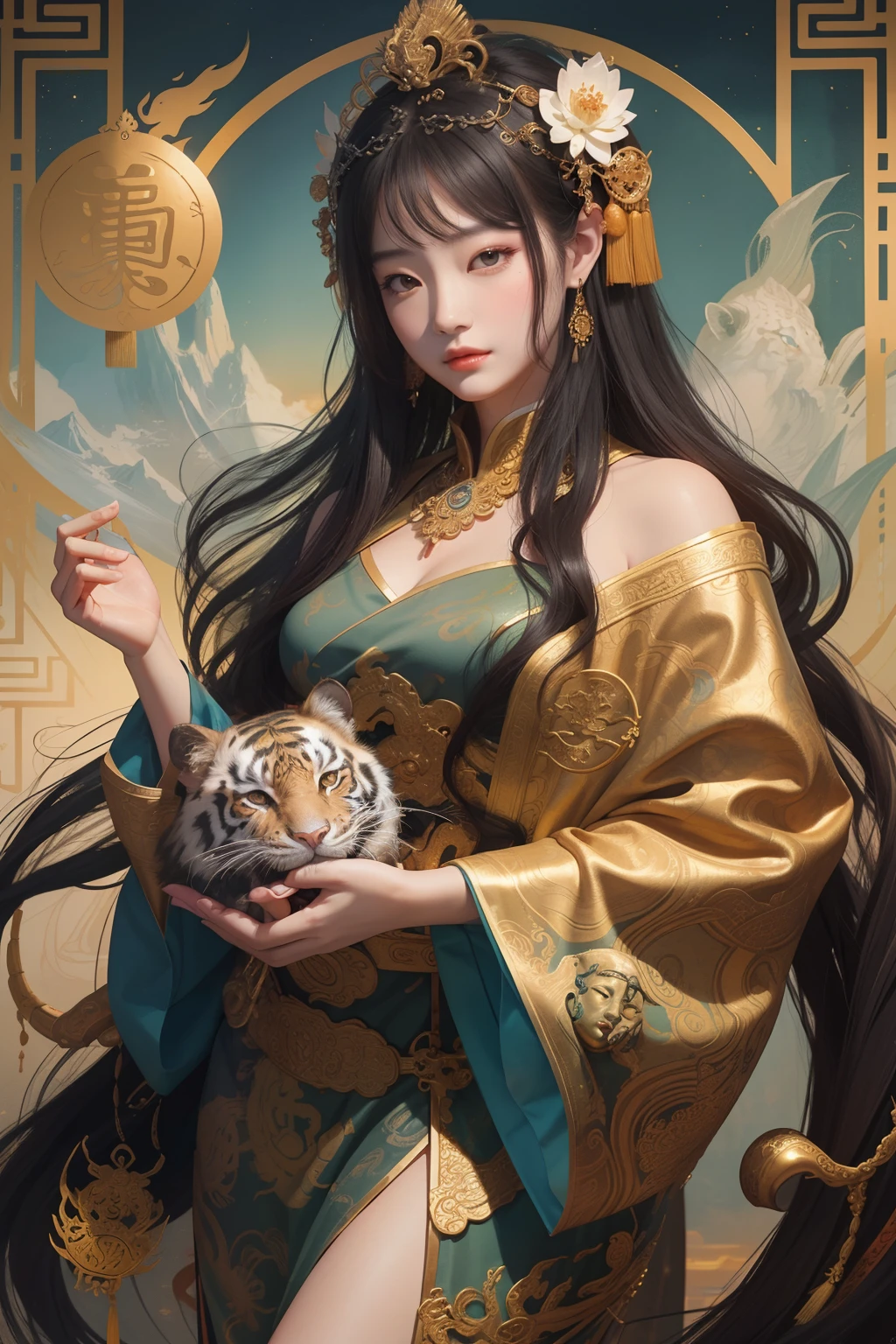 an ancient Chinese goddess, guanyin of the southern seas, Guanyin, Inspired by China, Avalokiteshvara rides a tiger,,Serene expression,shui mo hua,Buddha,Buddhist,Lotus,Chinese painting style,Thangka style