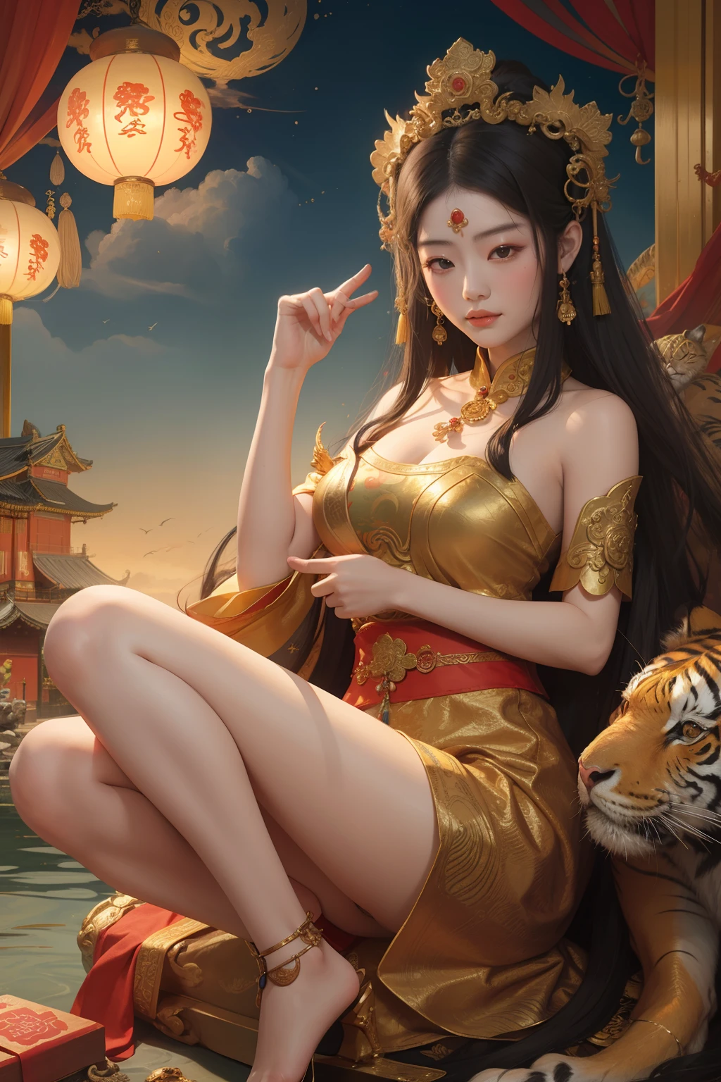 an ancient Chinese goddess, guanyin of the southern seas, Guanyin, Inspired by China, Avalokiteshvara rides a tiger，,Serene expression,shui mo hua,Buddha,Buddhist,Lotus,Chinese painting style,Thangka style