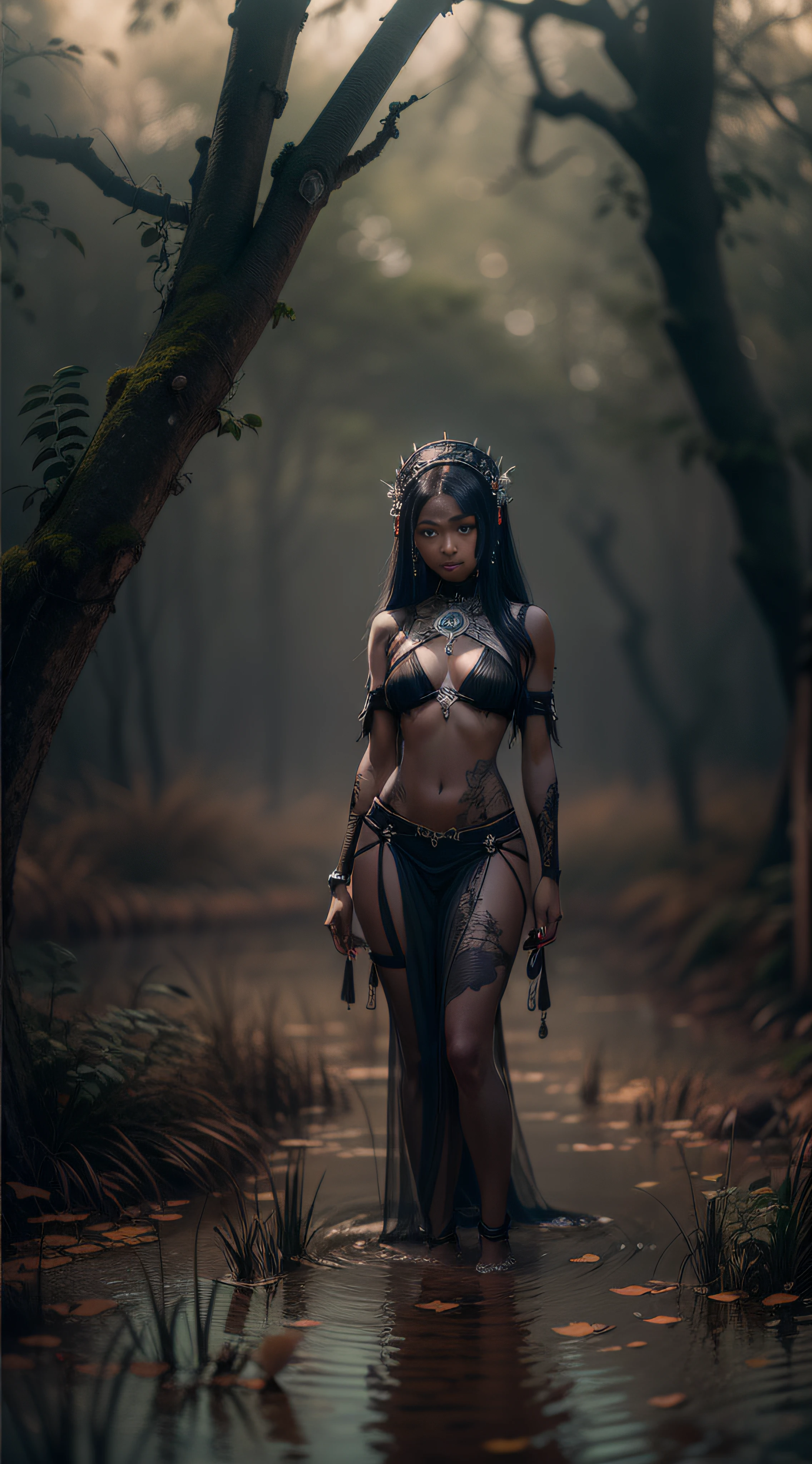 realistic photo of abandoned bloody land by night, full body portrait of beautiful nude asian slim girl with very black skin ((asian young slim woman with black skin)), nude bombshell asian female necro with headdress ((without clothes, dark skin)), ultra-detailed, dark art, horror swamp, fog, mist, illumination spots, atmospheric darkredblood and darkgreen sepia lighting, Miniature Skulls Decoration, foggy day, epic, realistic photography, 8k resolution high definition, dynamic lighting hyper detailed intricately detailed art, triadic colors Unreal Engine 5 volumetric lighting, hyperrealistic, hair pin, glamorus model, temptress, sharp focus bokeh, studio photo, intricate details, highly detailed, raytracing, subsurface scattering, ((muted colors)), diffused soft lighting, shallow depth of field, photographed on a Canon EOS R5, 28mm lens, F/2.8