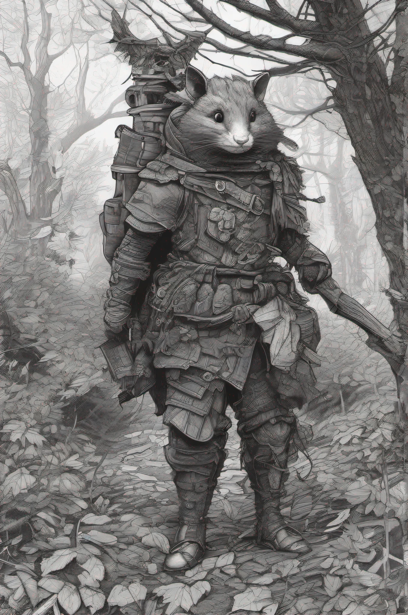 Highly detailed 4k pen and ink, black and white, line art of a  anthropomorphic shrew wearing wood scrap armor and makeshift clothing in the style of MÖRK BORG by Johan Nohr, grim dark, dark art, pen bleed, Johan Nohr, clothing made of leaves, ripped cloth, battery backpack, on the run from an evil cat