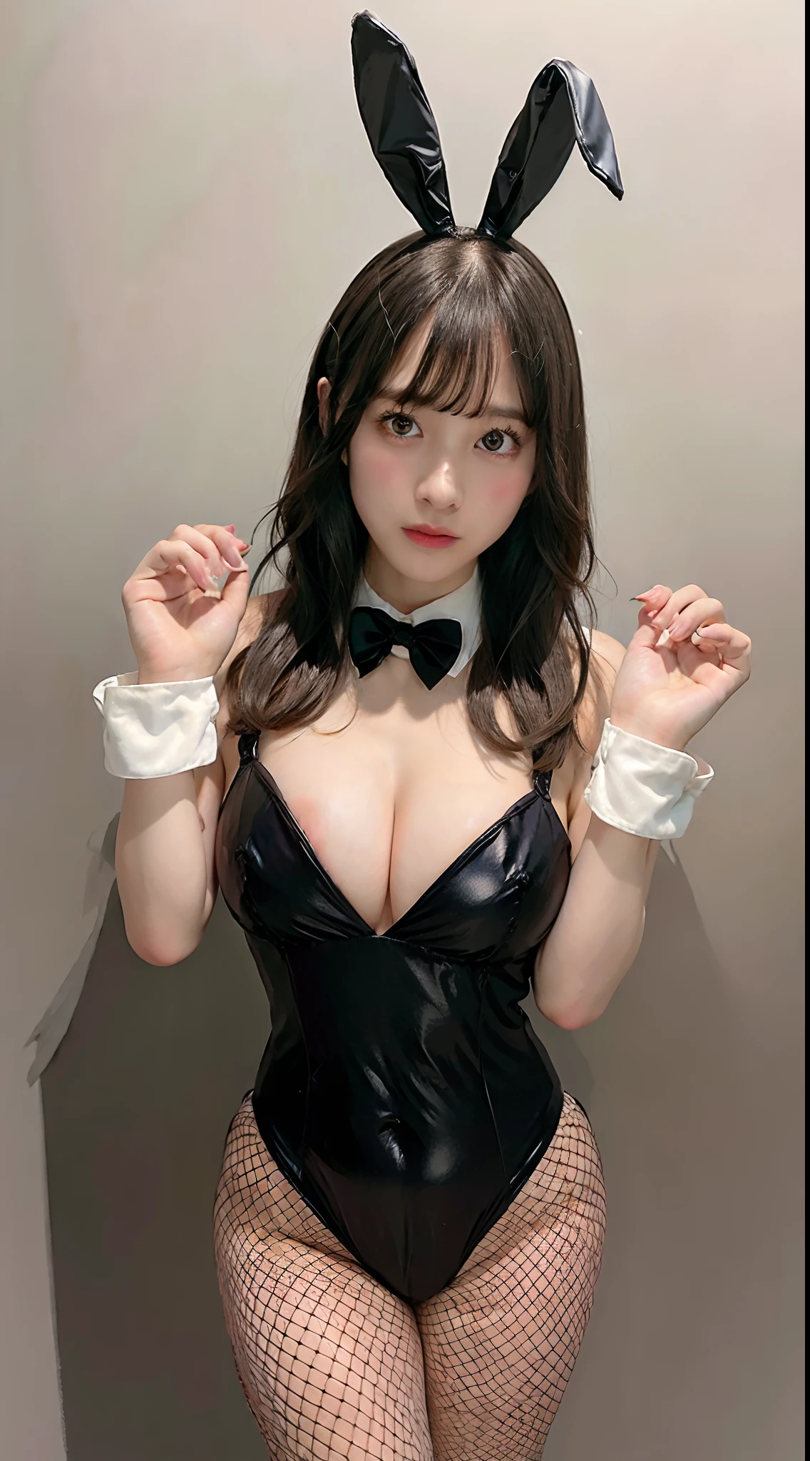 (Wearing a bunny costume:1.4)、Black costume、Good Hand、4K、hight resolution、​masterpiece、top-quality、Number of heads:1.3、((Hasselblad photo))、Fine-grained skin、(lighting like a movie)、Soft lighting、Dynamic angles、[:(A detailed face:1.2):0.2]、((Colossal tits:1.4))、(fishnet tights)、Beautiful legs、raise arms、Show the armpits