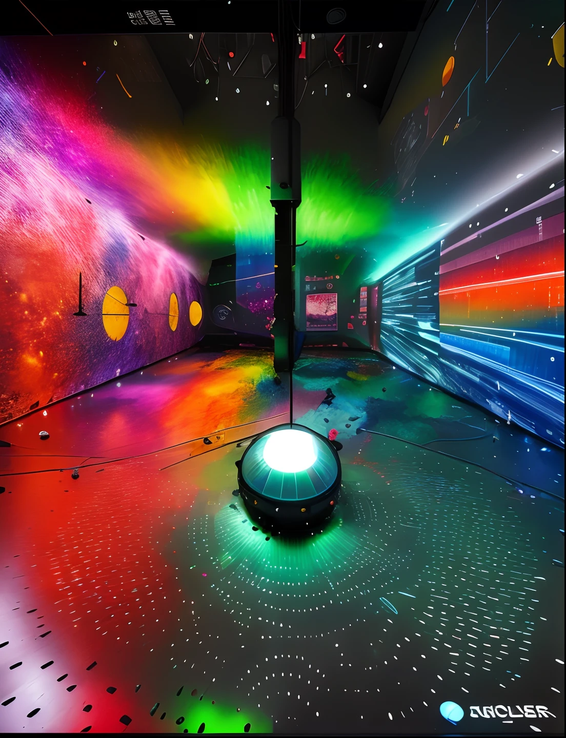 A colorful glow interactive ball in the middle of space, 2 people touch the ball with hand, the ball turn color, bright and clean, an indoor space,full of color, future, Si-fi,  LED, colorful, white wall, mirror roof, rectangular spacious long passage, color display, pigment production company's history display experience space, modern high-tech, both sides of the wall when the projection and interactive LED, a variety of interactive surface half and console, colorful paint strokes in the ground flow, the wall has many paint cans composed of abstract array, press the round interactive LED, will spray a long strip of pigment digital image, different colors of the The colorful pigment strokes are fused together, and the blank screen in the middle reveals the development timeline and historical picture of the enterprise. An immersive showroom of a pigment manufacturer is modern, artistic, digitally high-tech and full of interactivity. The picture in each round LED is different, showing the change of color, transitioning from black and white to color, and the channel ends up with an immersive time tunnel, using the surrounding five LED walls to show the history of Chinese pigment, shocking, high-tech! A shinny glow rainbow color ball, holograph,bright, full of color,A red ball,,blue,green,red,yellow,reflect color,