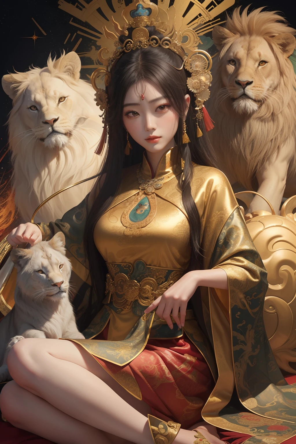 an ancient Chinese goddess, guanyin of the southern seas, Guanyin, Inspired by China, Avalokiteshvara rides a lion,,Serene expression,shui mo hua,Buddha,Buddhist,Lotus,Chinese painting style,Thangka style