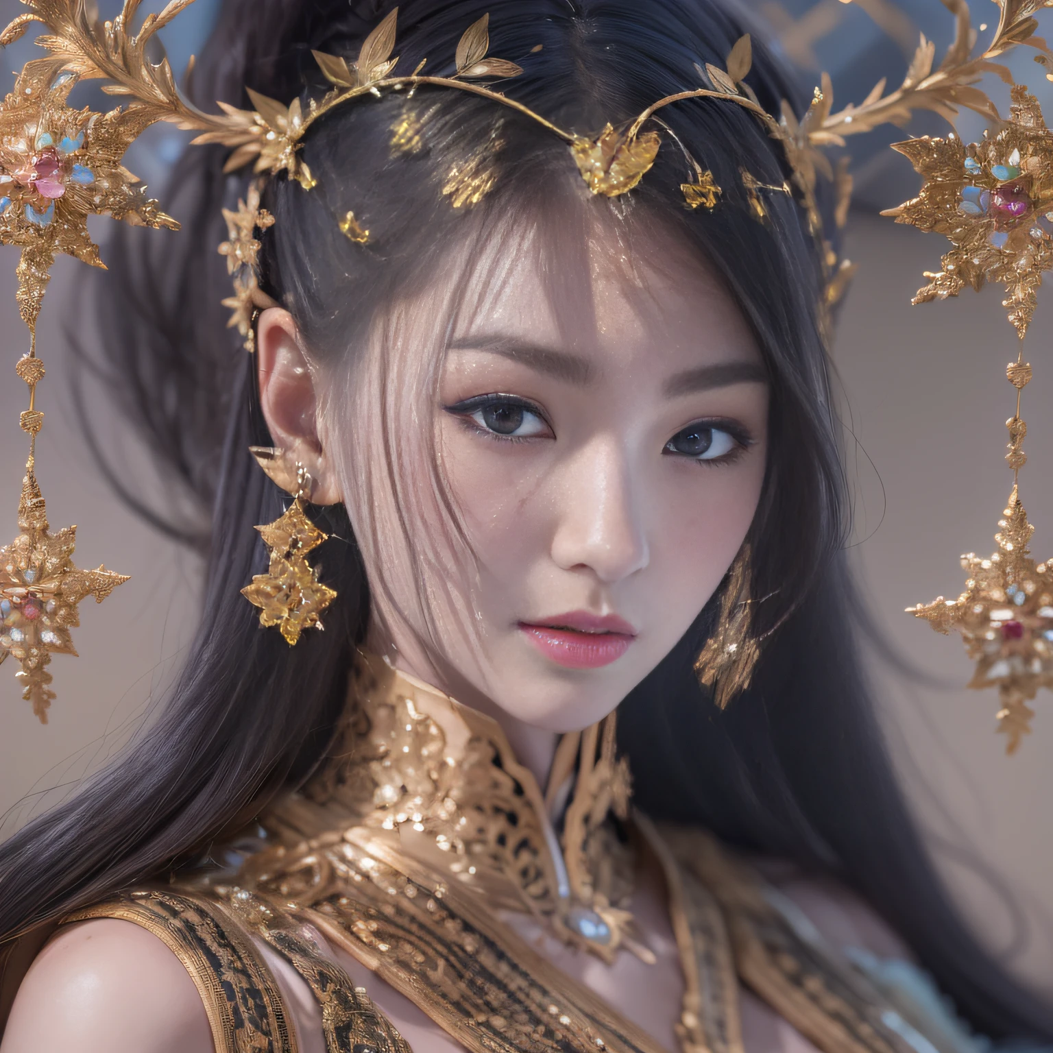 32K(tmasterpiece,k hd,hyper HD,32K)short detailed hair,Gold jewelry area in the back room,Flame Girl ,Yao Lang protector (realisticlying:1.4),Python pattern robe,Purple-pink tiara,Snowflakes fluttering,The background is pure,Hold your head high,Be proud,The nostrils look at people, A high resolution, the detail, RAW photogr, Sharp Re, Nikon D850 Film Stock Photo by Jefferies Lee 4 Kodak Portra 400 Camera F1.6 shots, Rich colors, ultra-realistic vivid textures, Dramatic lighting, Unreal Engine Art Station Trend, cinestir 800,Hold your head high,Be proud,The nostrils look at people