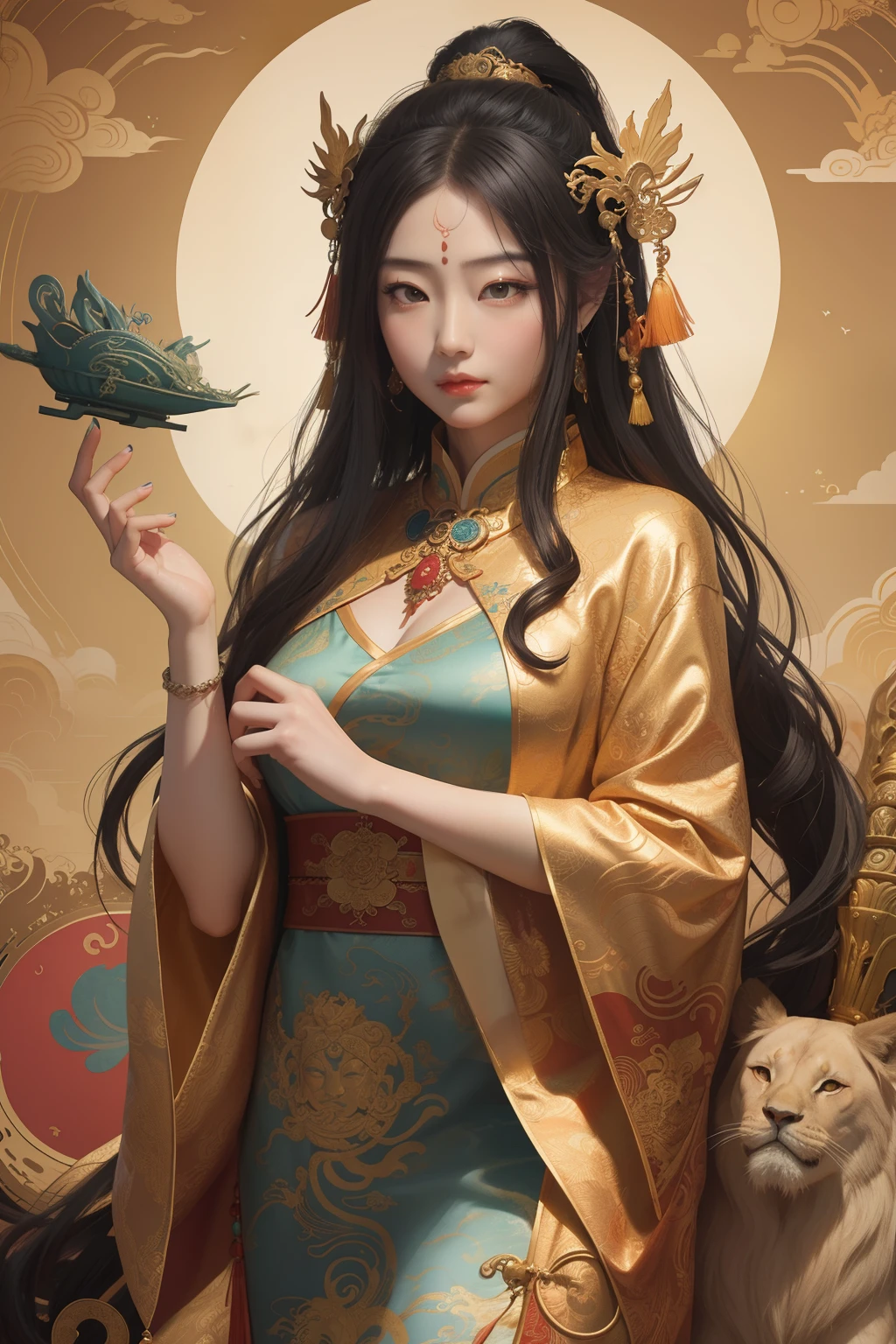 an ancient Chinese goddess, guanyin of the southern seas, Guanyin, Inspired by China, Avalokiteshvara rides a lion，,Serene expression,shui mo hua,Buddha,Buddhist,Lotus,Chinese painting style,Thangka style