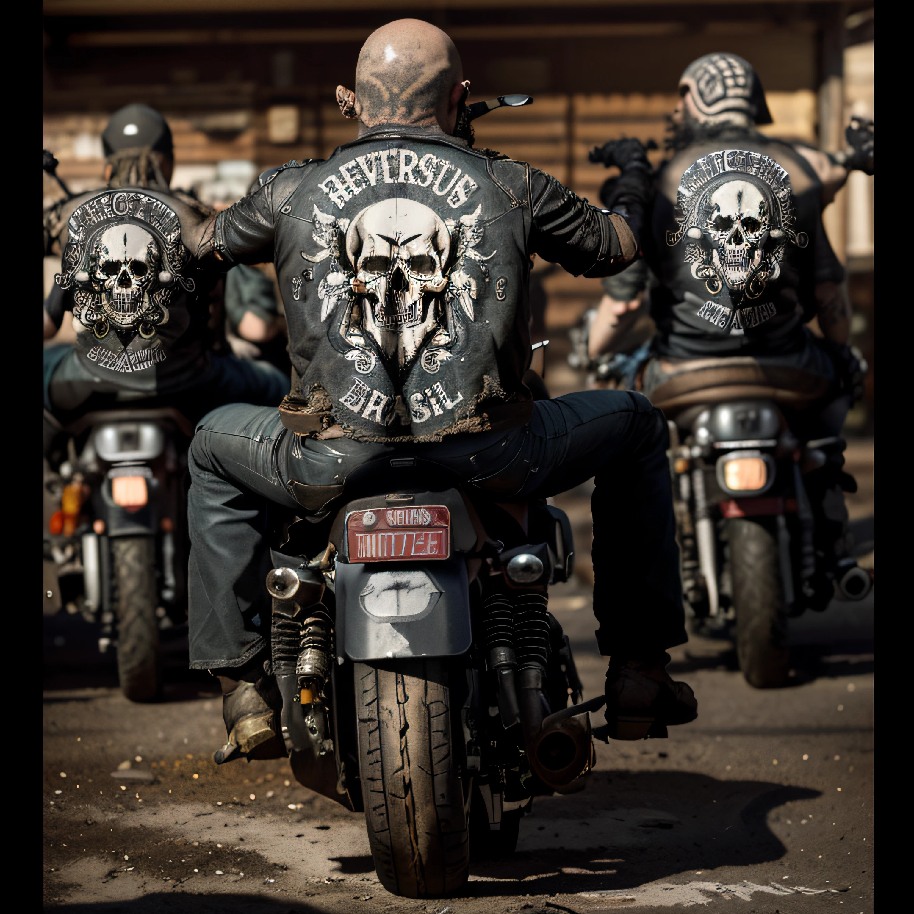 There are a lot of bikers riding motorcycles with their logos on them, Arte Oficial, skulls, Punk Diesel, Album art, motociclista, Motocicletas, skull design for a rock band, Detalhes completos, Vinheta pesada!, inverter, Directed by: Kuno Veeber, Dieselpunk Grimcore Machine Preto, skulls, design de patch de ombro, Arte do local, skulls around, post apocalyptic scene, destruction, bando de motoqueiros malvado, desenho, Arte Digital, illustration, obra prima