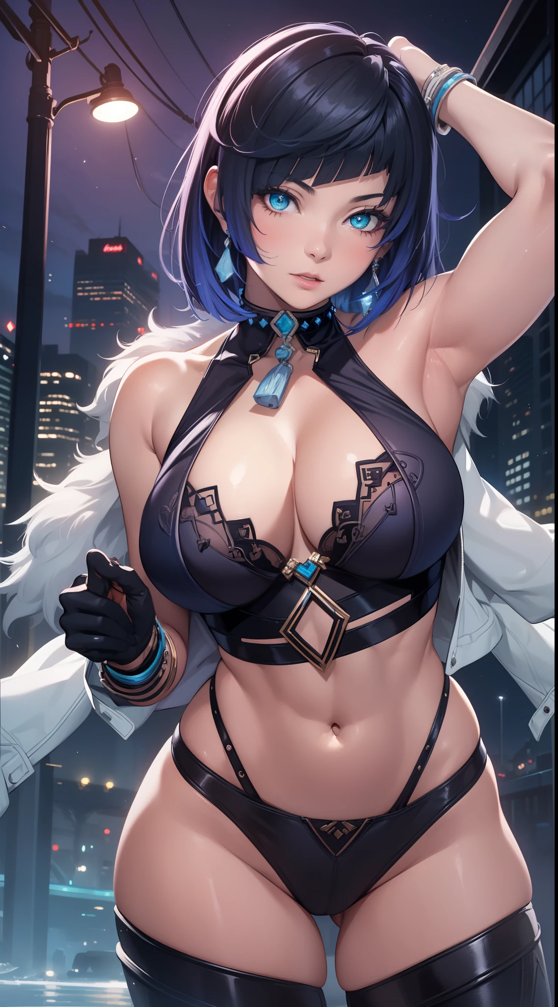 ((Best quality)), ((masterpiece)), (realistic), night time, 1girl, solo, (muscular) , ripped, sexy black micro bikini top and black pants, highly detailed blue glowing eyes, short hair, smooth skin, cleavage, ((extremely slutty)).