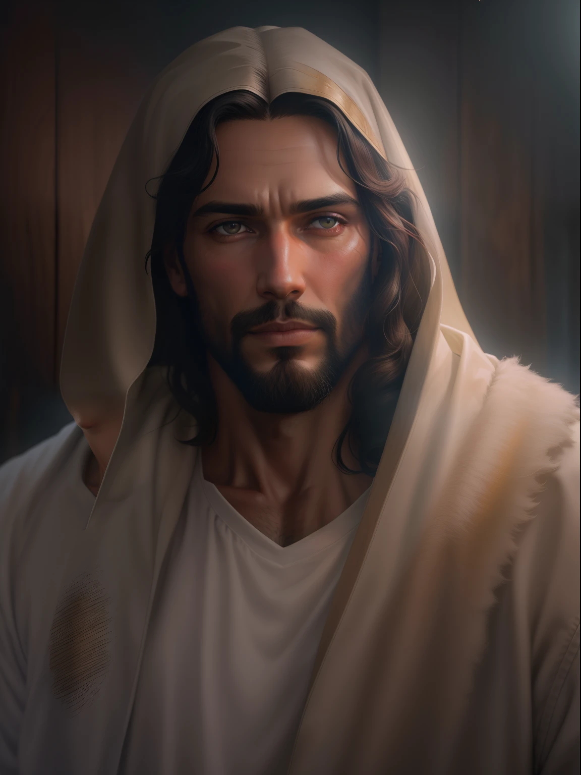((Retrato realista de Jesus Cristo)), corpo inteiro, aura sagrada, cinematiclight, retratado em 4K hiperdetalhado. Um close-up de Jesus, com amor, Olhos compassivos, barba longa, e cabelos castanhos cacheados. A luz quente destaca a figura de um homem, Looking forward with a compassionate expression. The background features a wooden cross and dark sky, retratado em 8K. The style is portrayed in a soft and cinematic way, com cores neutras e efeitos HDR. The artwork strives for high quality, com detalhes intrincados, Fundos complexos, and an artistic mix of influences from Greg Rutkowski and Artgerm.