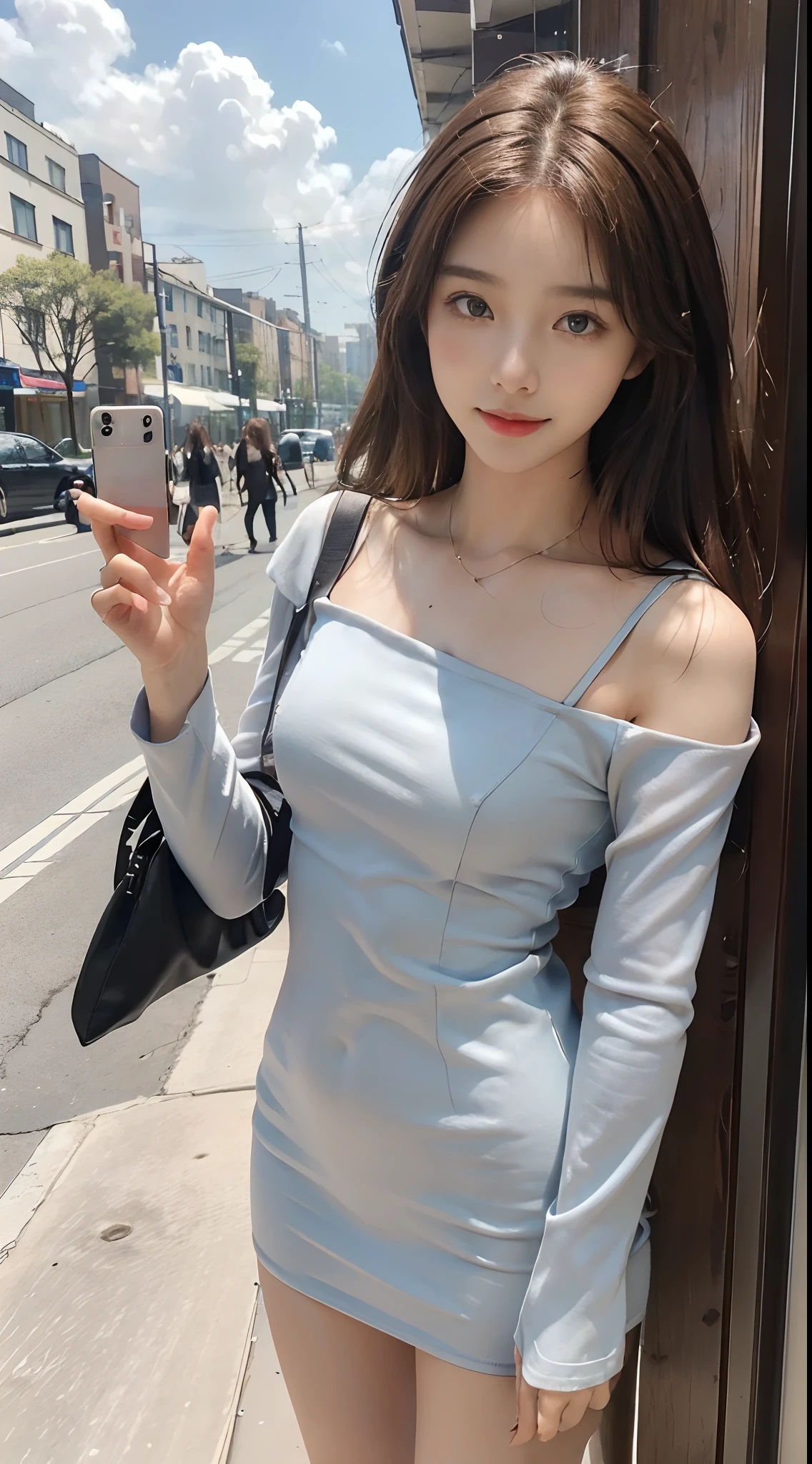 ((Best picture quality, 8K, tmasterpiece: 1.3)), self-shot, Sharp focus: 1.2, A cute beauty with a perfect figure: 1.4, Slim big breasts, ((Brown hair black)) , (Small flesh-colored dress,Highly detailed face,Happy expression,standing on your feet:1.2),((A city with blue skies and white clouds,At the cafe:1.3. Produced with a major focus on women)),Highly detailed facial and skin texture,Detailed eyes,二重まぶた