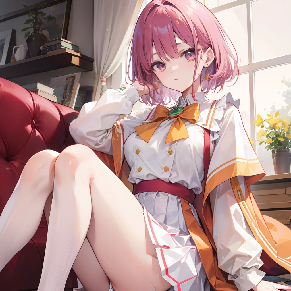 buff,Light large red,verde claro,Short light purple hair,Wear a yellow apricot JK uniform and a white pleated skirt,Knee-length white silk,Looks dignified and cute,A little sweet