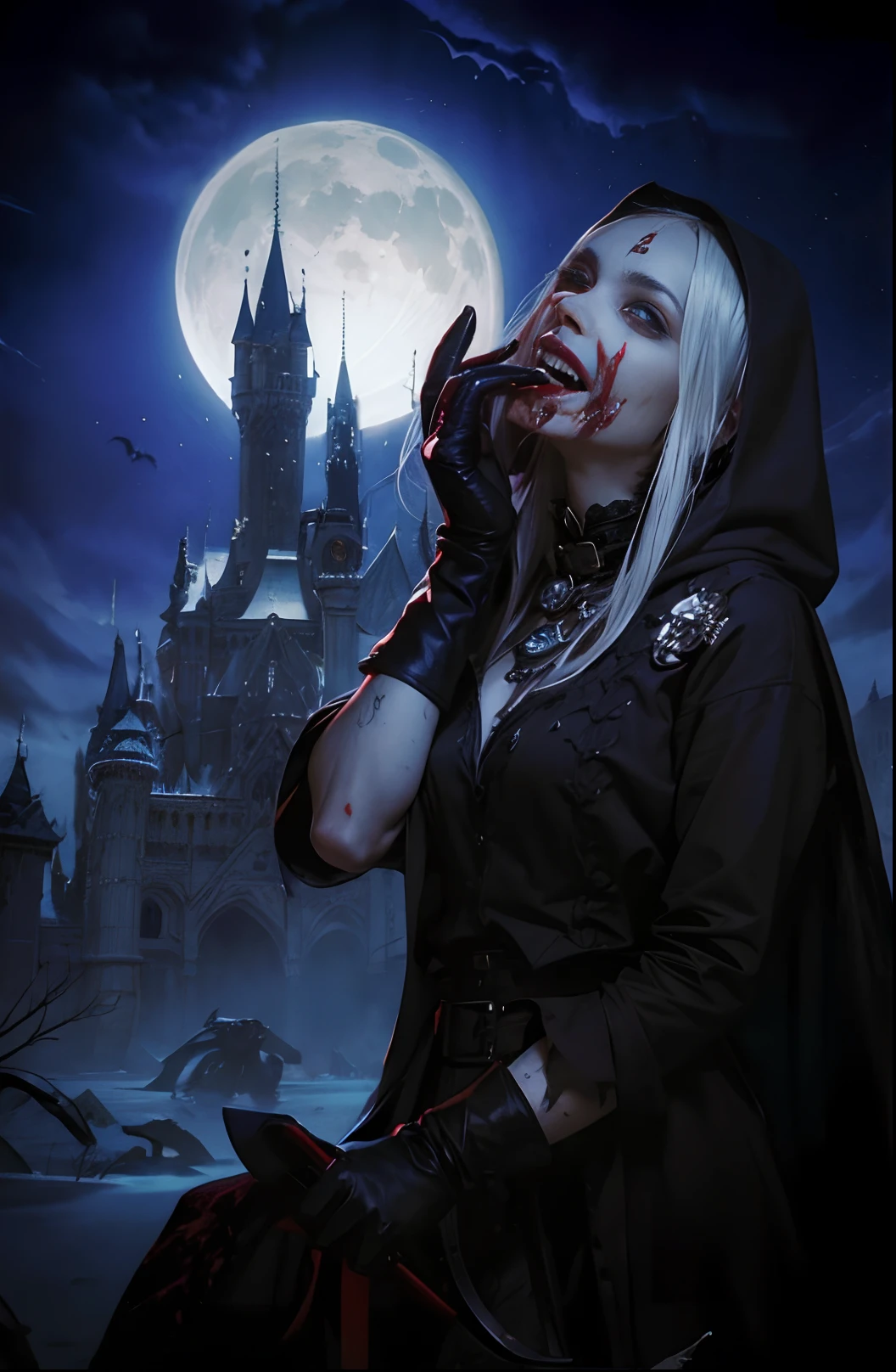 high qulity,tmasterpiece,A female vampire,face drawn and pale,Blood red eyes,Fang,His mouth was covered in blood,Evil smile,Wearing black vintage clothing,Headband cloak,Black leather gloves,In his left hand he holds a bloody machete,In the background is a spooky castle,Turquoise Moon,the bats,Spooky atmosphere,Dark light,8K