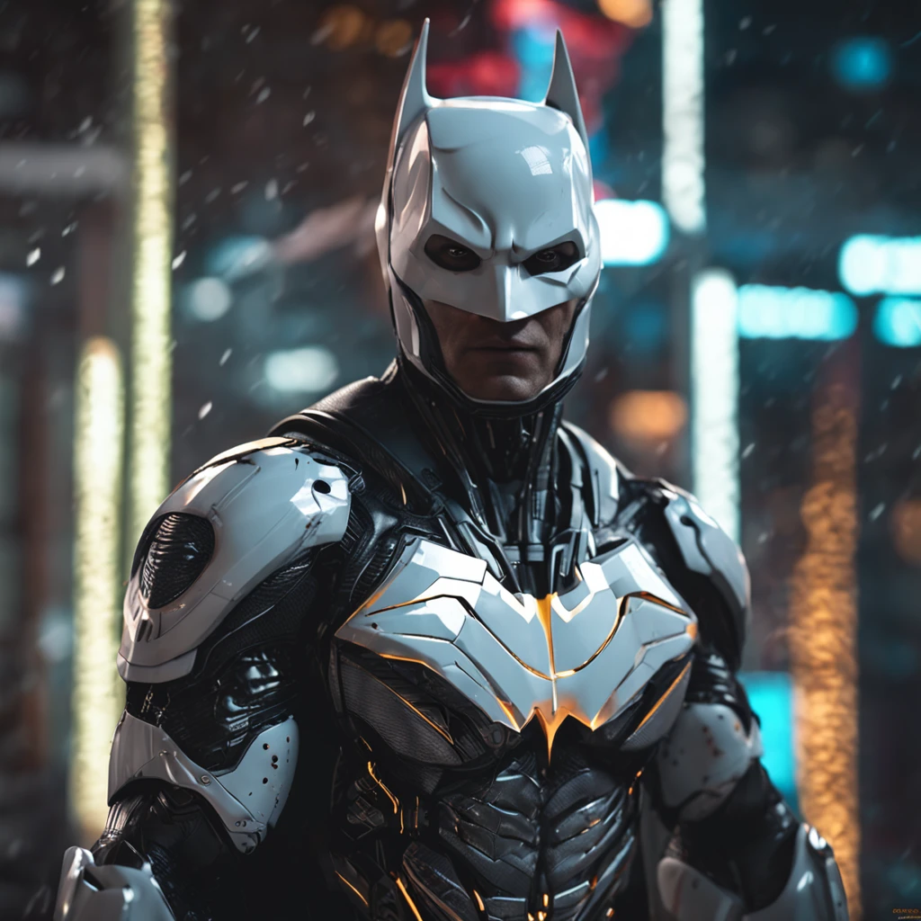 A realistic white batman in an advanced cyber suit