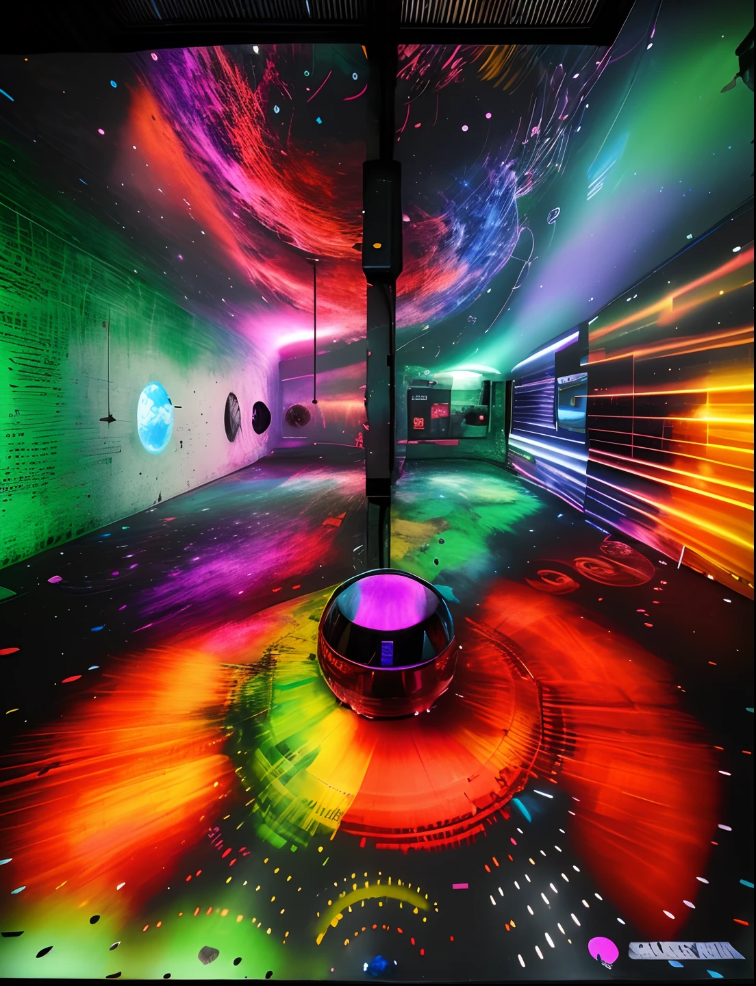 A colorful glow interactive ball in the middle of space, 2 people touch the ball with hand, the ball turn color, bright and clean, an indoor space,full of color, future, Si-fi,  LED, colorful, white wall, mirror roof, rectangular spacious long passage, color display, pigment production company's history display experience space, modern high-tech, both sides of the wall when the projection and interactive LED, a variety of interactive surface half and console, colorful paint strokes in the ground flow, the wall has many paint cans composed of abstract array, press the round interactive LED, will spray a long strip of pigment digital image, different colors of the The colorful pigment strokes are fused together, and the blank screen in the middle reveals the development timeline and historical picture of the enterprise. An immersive showroom of a pigment manufacturer is modern, artistic, digitally high-tech and full of interactivity. The picture in each round LED is different, showing the change of color, transitioning from black and white to color, and the channel ends up with an immersive time tunnel, using the surrounding five LED walls to show the history of Chinese pigment, shocking, high-tech! A shinny glow rainbow color ball, holograph,bright, full of color,A red ball,,blue,green,red,yellow,reflect color,
