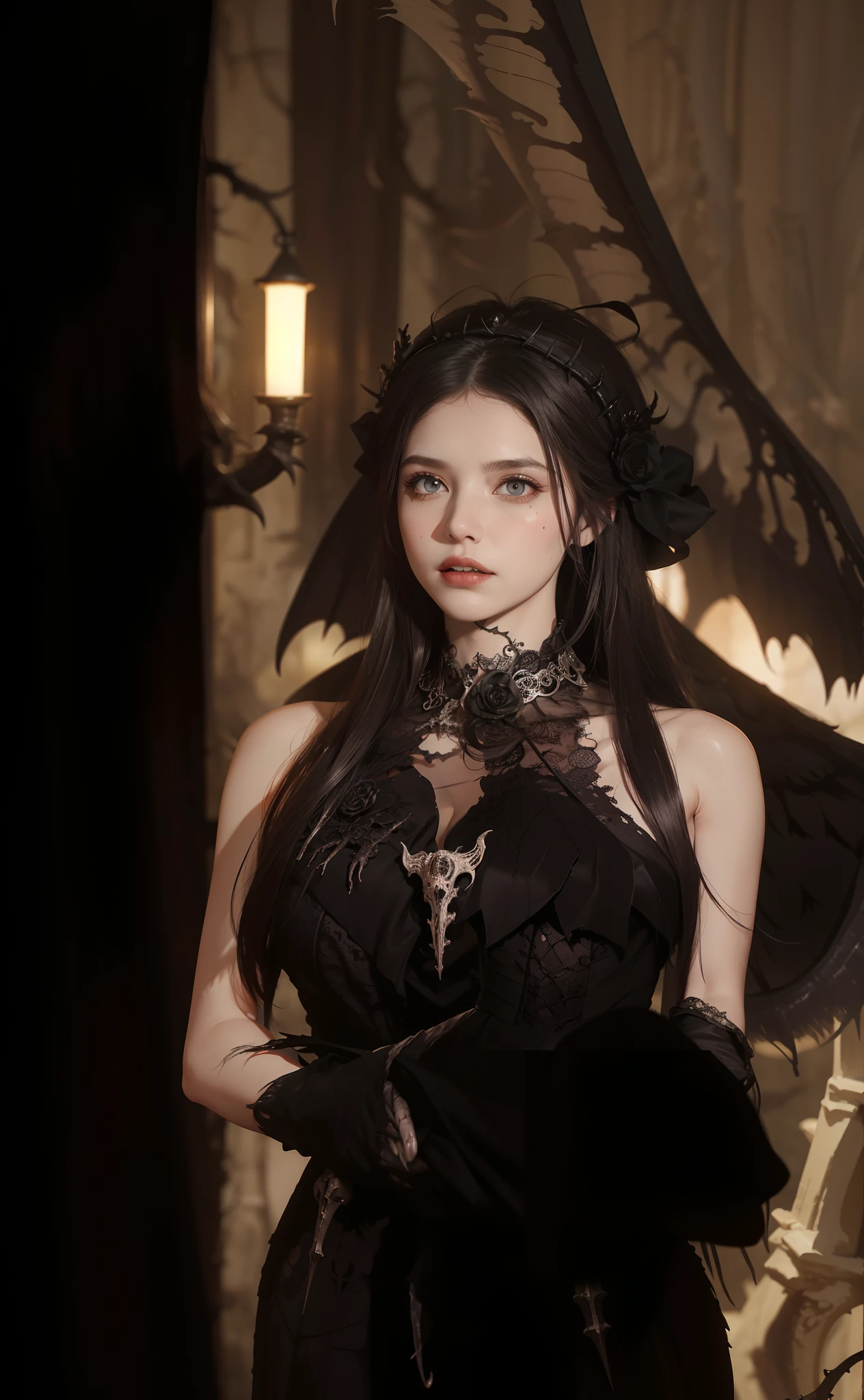Fine matte painting, skeleton dark angel big wings haunted castle on drawing table full of knives, horror, spookiness, scary, secret horror, tentacles, vines, eyes, uncanny valley effect teeth, limbs, animals, blood moon,wedding gown,offcial dress,Weddings