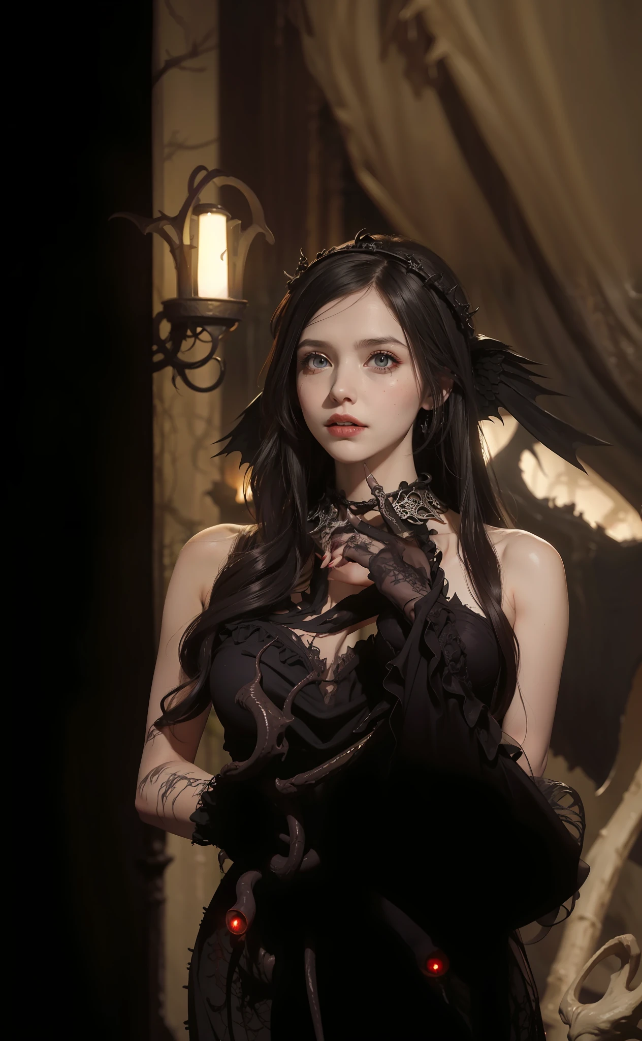 Fine matte painting, skeleton dark angel big wings haunted castle on drawing table full of knives, horror, spookiness, scary, secret horror, tentacles, vines, eyes, uncanny valley effect teeth, limbs, animals, blood moon，wedding gown，offcial dress，Weddings