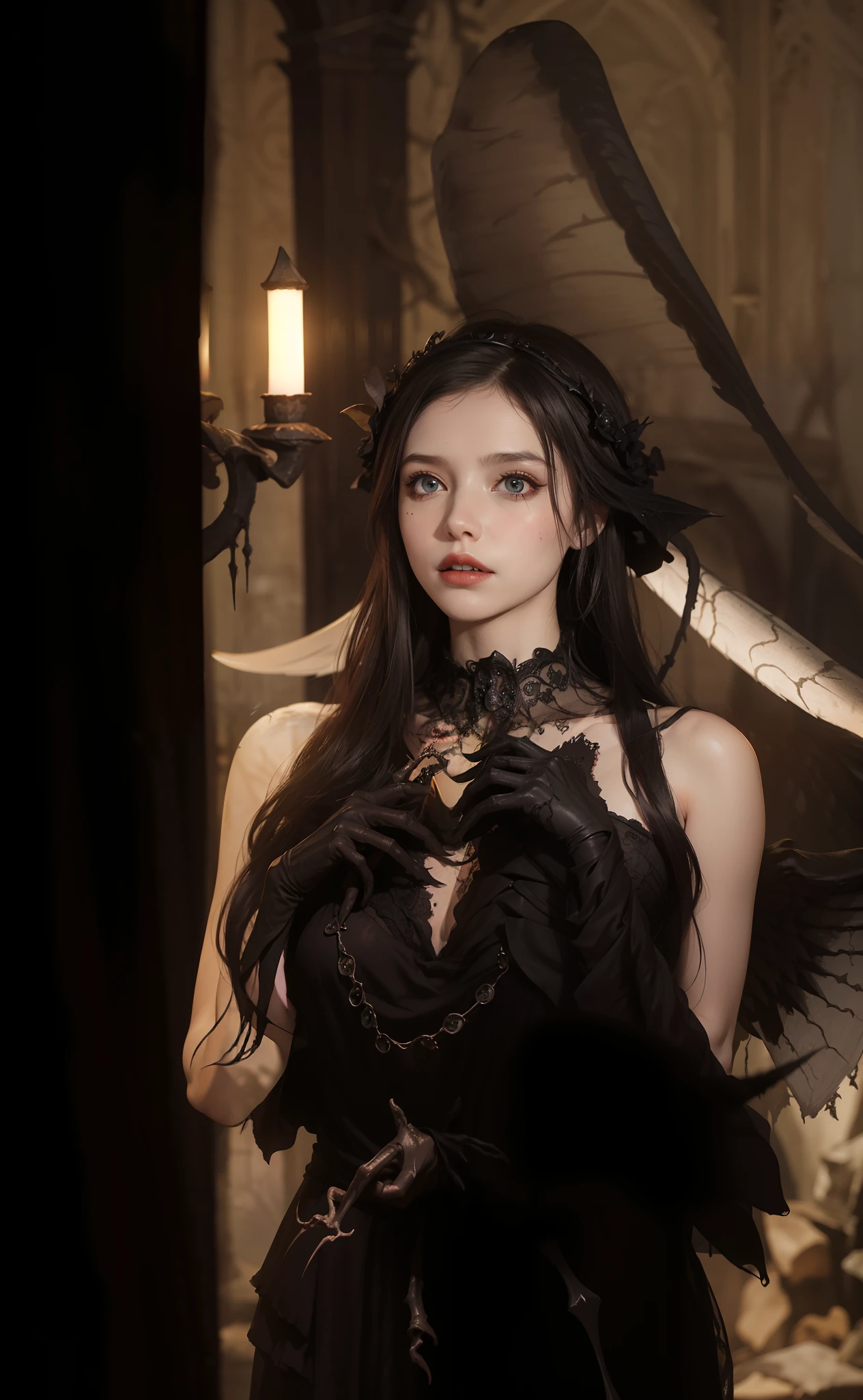 Fine matte painting, skeleton dark angel big wings haunted castle on drawing table full of knives, horror, spookiness, scary, secret horror, tentacles, vines, eyes, uncanny valley effect teeth, limbs, animals, blood moon，wedding gown，offcial dress，Weddings