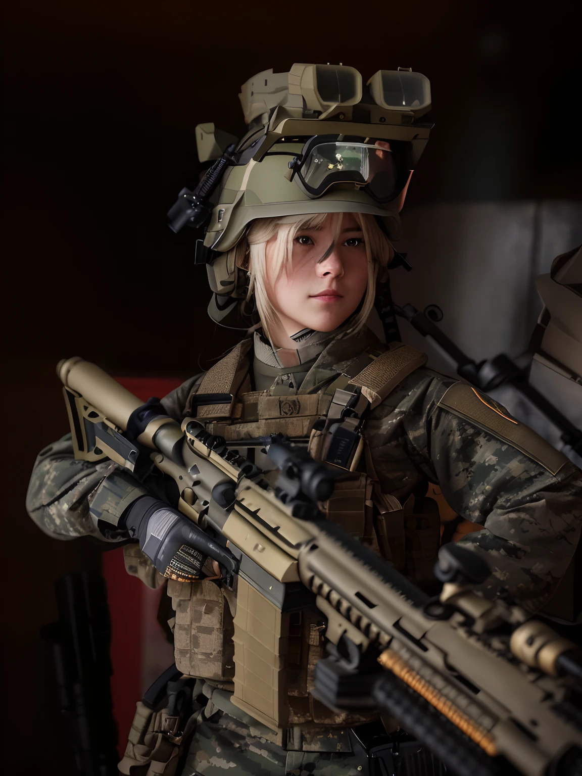 There was a woman in military uniform holding a rifle, mechanized soldier girl, m4 sopmod ii girls frontline, dressed in tactical armor, infantry girls, of a sniper girl in war, still from live action movie, Close-up Shot Shot, portrait of soldier girl, cinematic shot ar 9:16 -n 6 -g, close up portrait shot