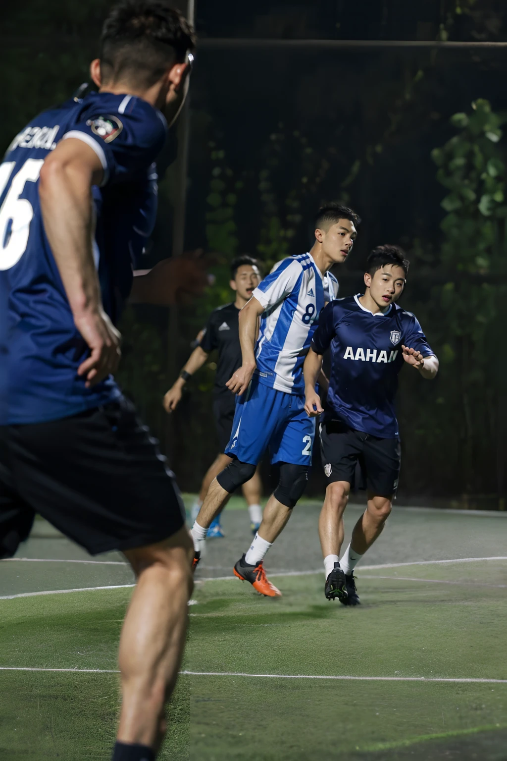 There are two men playing football on the pitch at night, taken with canon 8 0 d, dribbble, play soccer, action  shot, taken with canon eos 5 d, Shot on Canon EOS R 6, taken with a canon eos 5d, taken with a canon eos 5 d, taken with canon eos 5 d mark iv, on a football field，The is very detailed，8K，tmasterpiece，